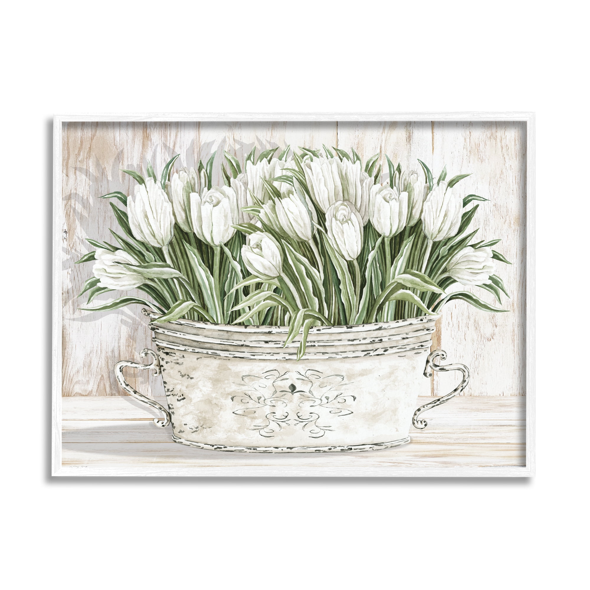 White Tulip Flowers Vintage Tin Painting on Canvas