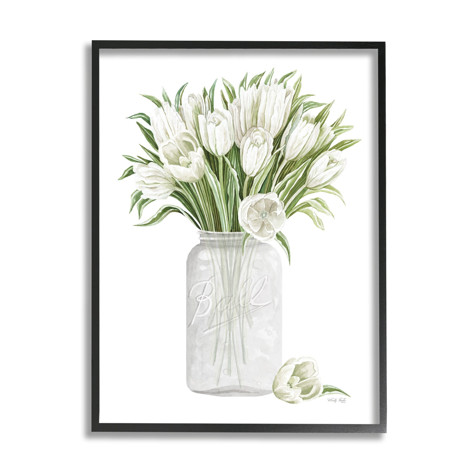 Stupell Industries White Tulips Rustic Country Jar Falling Blooms Painting Black Framed Art Print Wall Art, Design by Cindy Jacobs