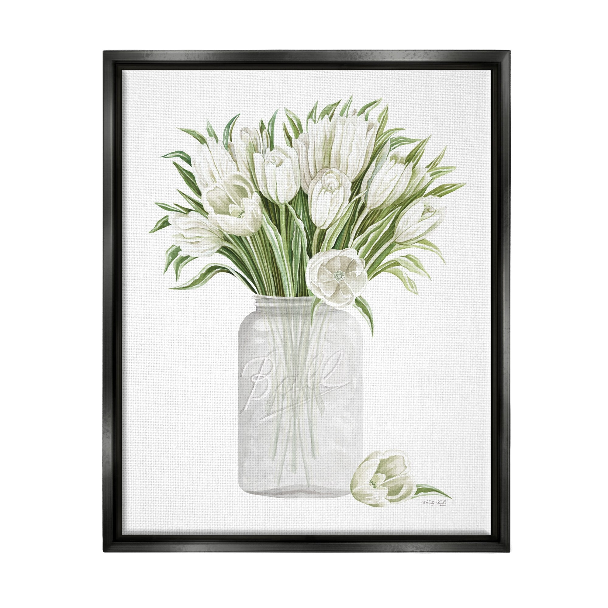 Stupell Industries White Tulips Rustic Country Jar Falling Blooms Painting Jet Black Floating Framed Canvas Print Wall Art, Design by Cindy Jacobs