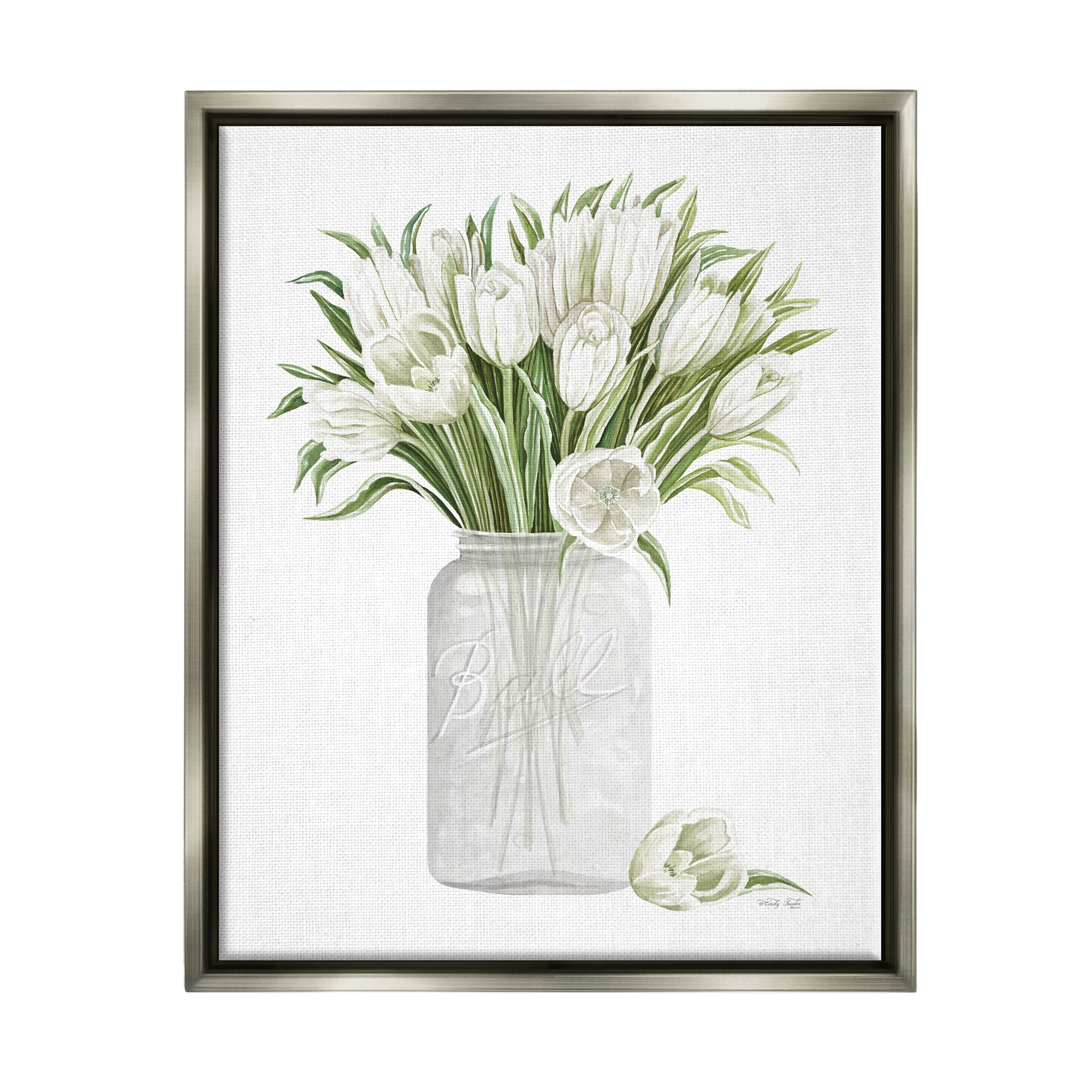 Stupell Industries White Tulips Rustic Country Jar Falling Blooms Painting Luster Gray Floating Framed Canvas Print Wall Art, Design by Cindy Jacobs