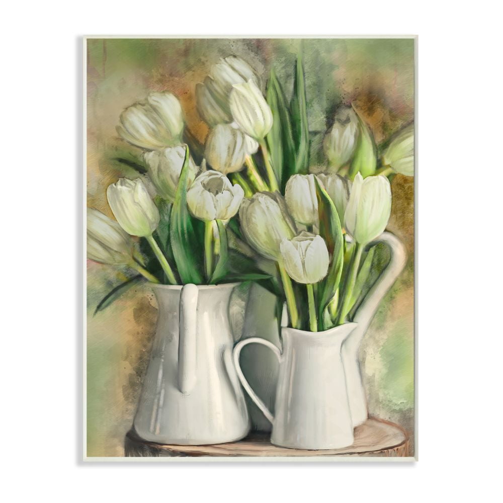 White Tulips in Country Pitchers MDF Wood Wall Art