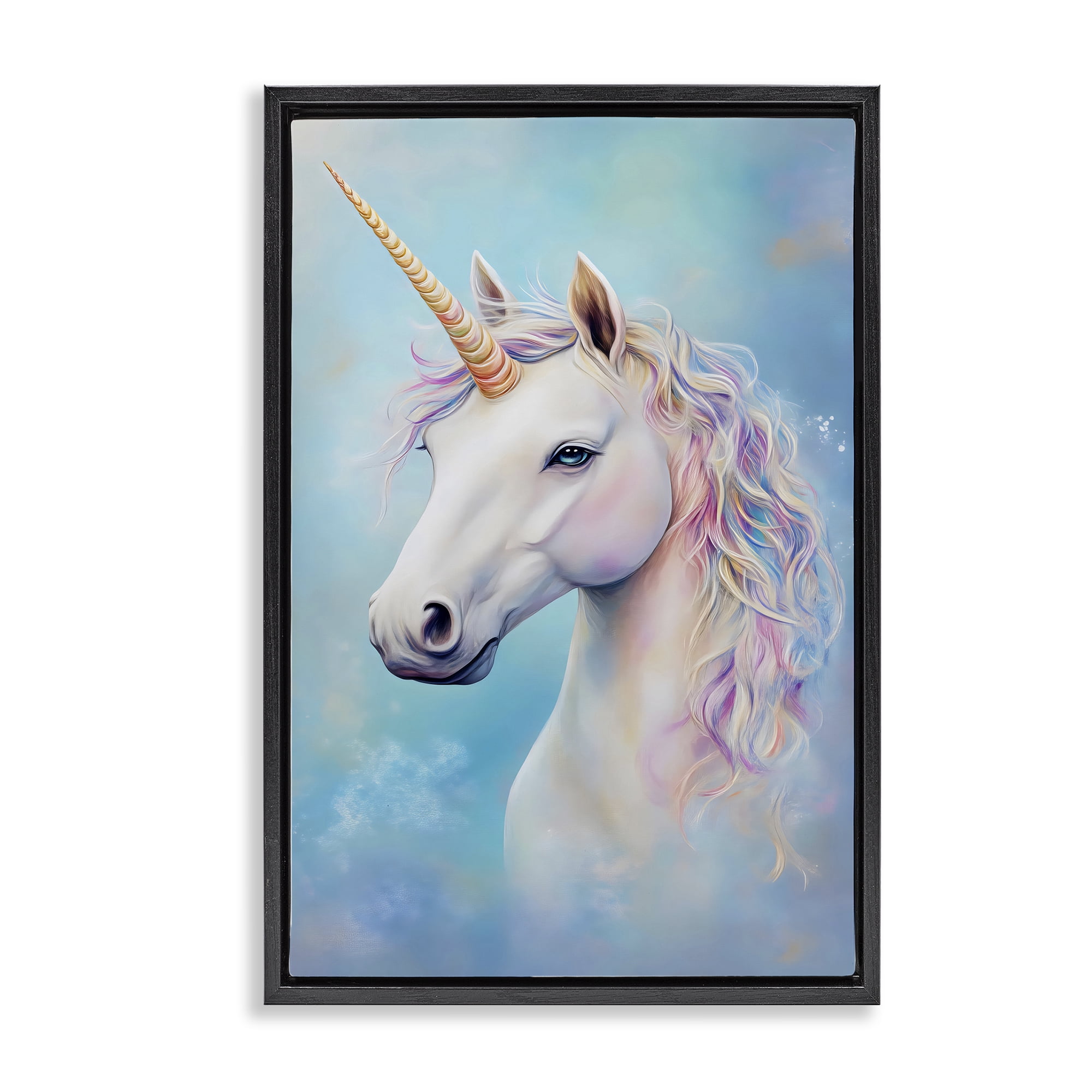 Stupell Industries White Unicorn on Blue Black Framed Floater Canvas Wall Art, design by Creative Studio