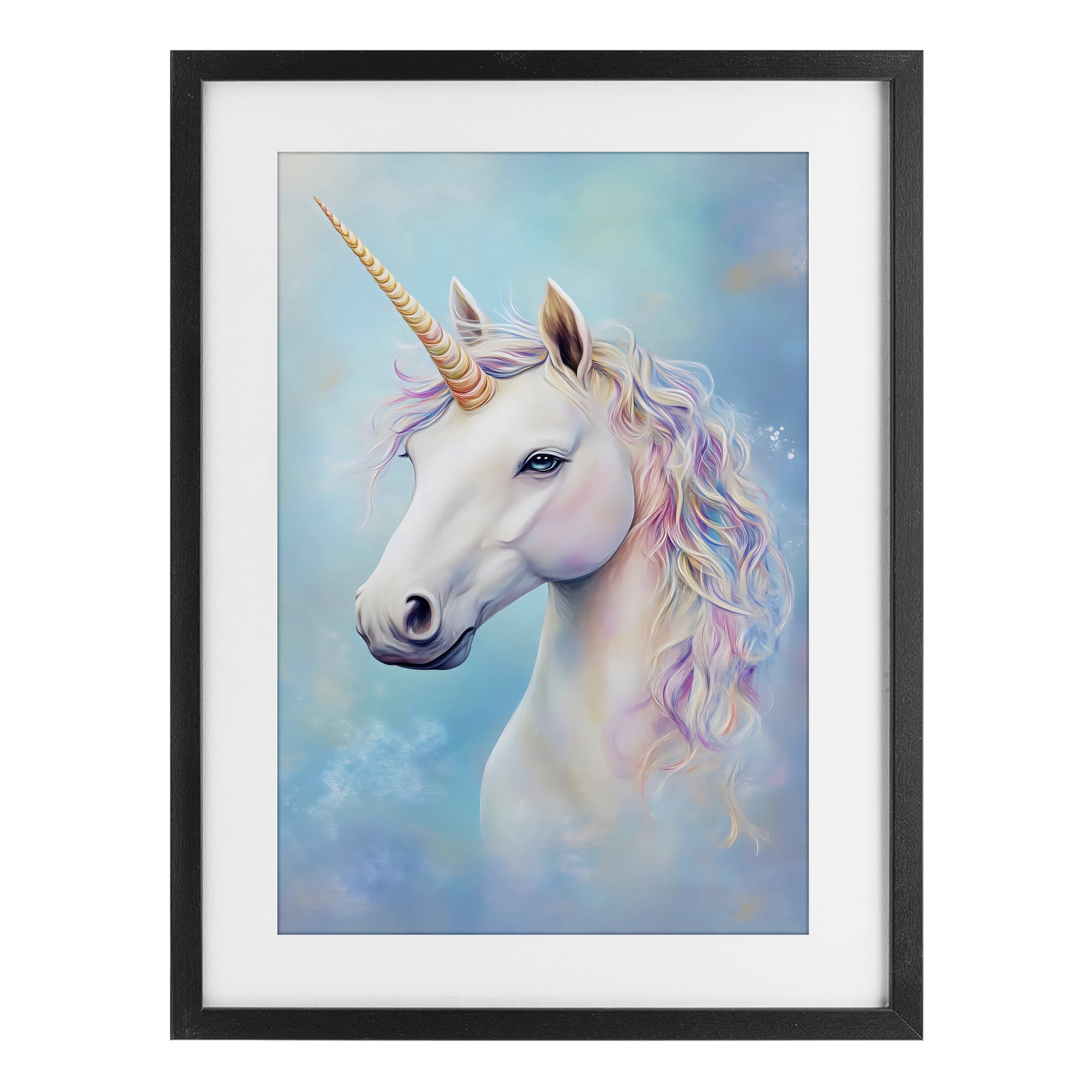 Stupell Industries White Unicorn on Blue Black Framed Print Under Glass, design by Creative Studio