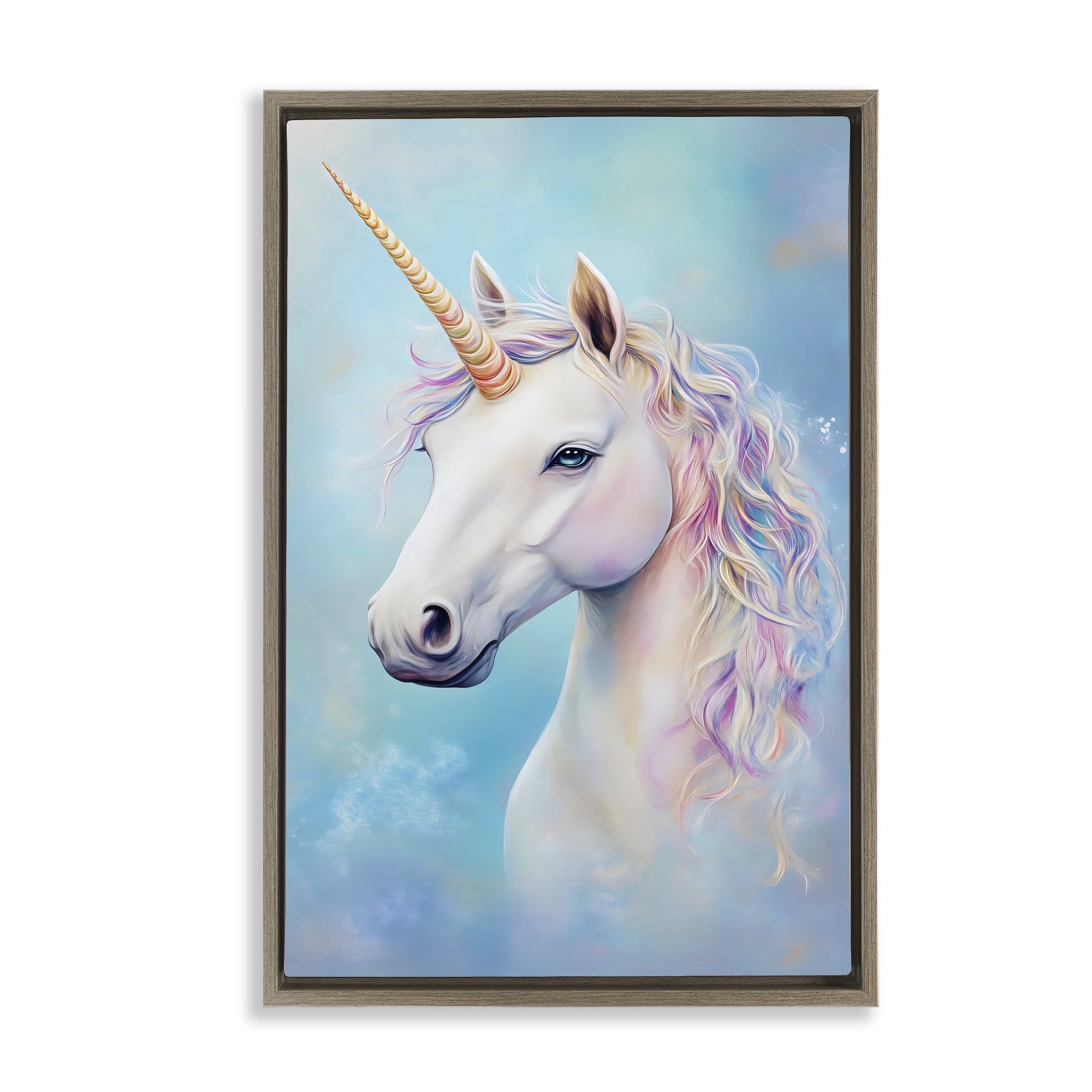 Stupell Industries White Unicorn on Blue Brown Framed Floater Canvas Wall Art, design by Creative Studio