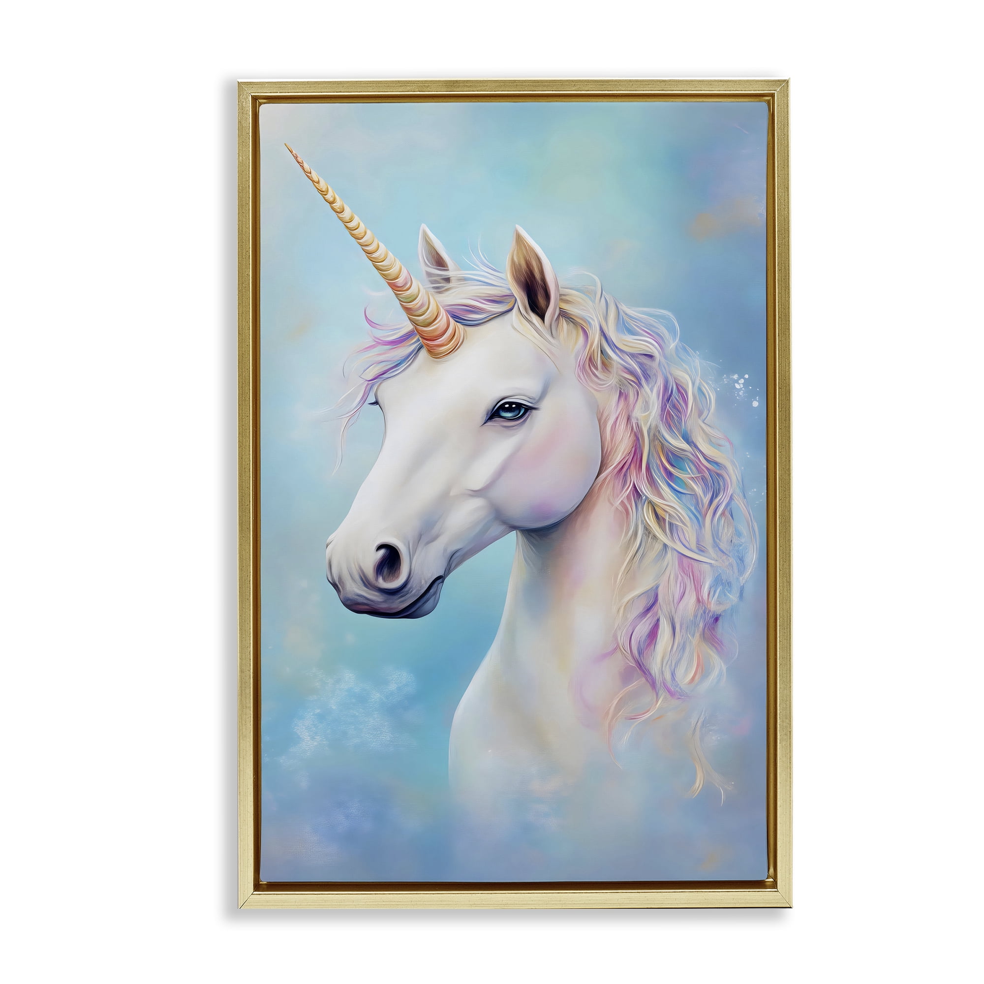 Stupell Industries White Unicorn on Blue Gold Framed Floater Canvas Wall Art, design by Creative Studio