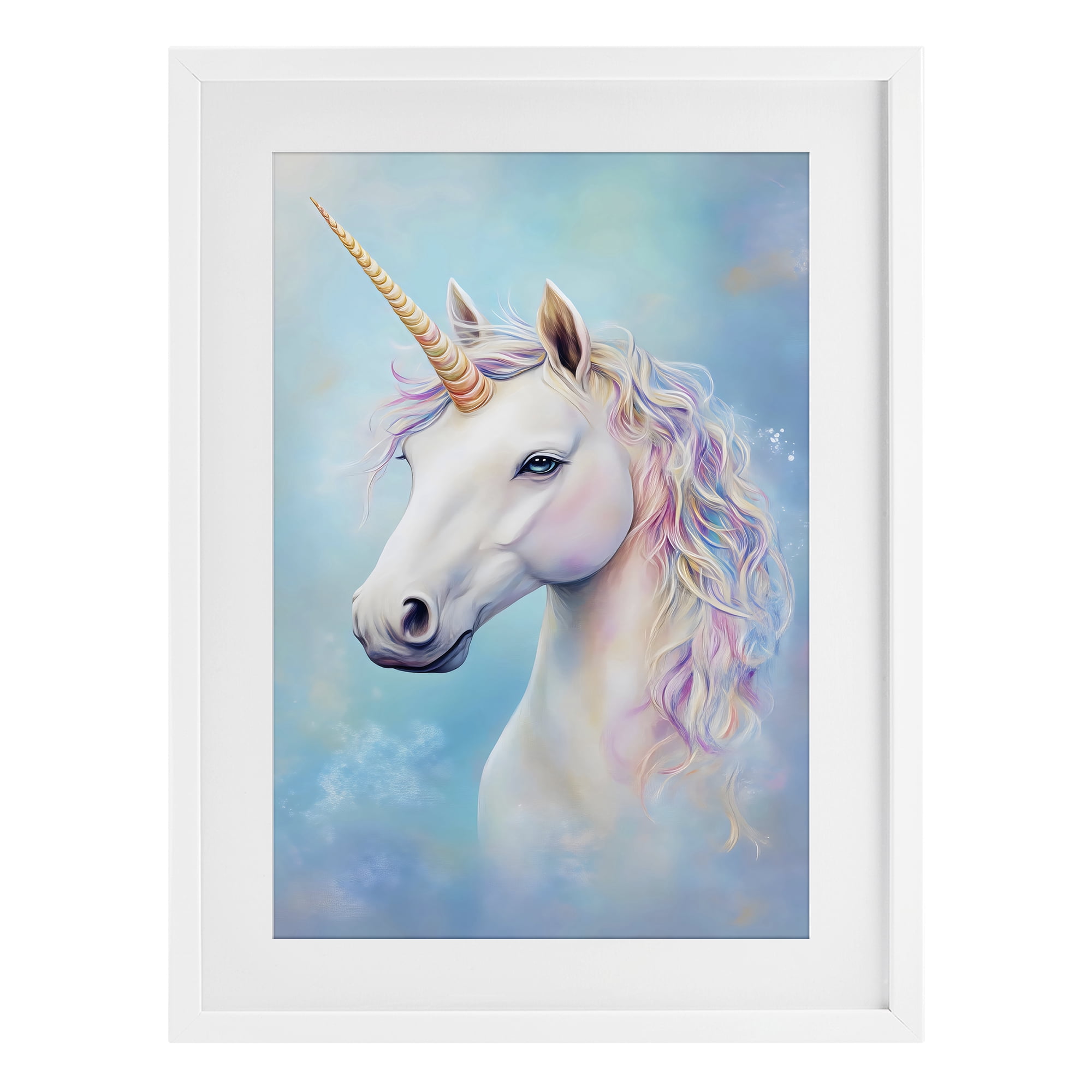 Stupell Industries White Unicorn on Blue White Framed Print Under Glass, design by Creative Studio