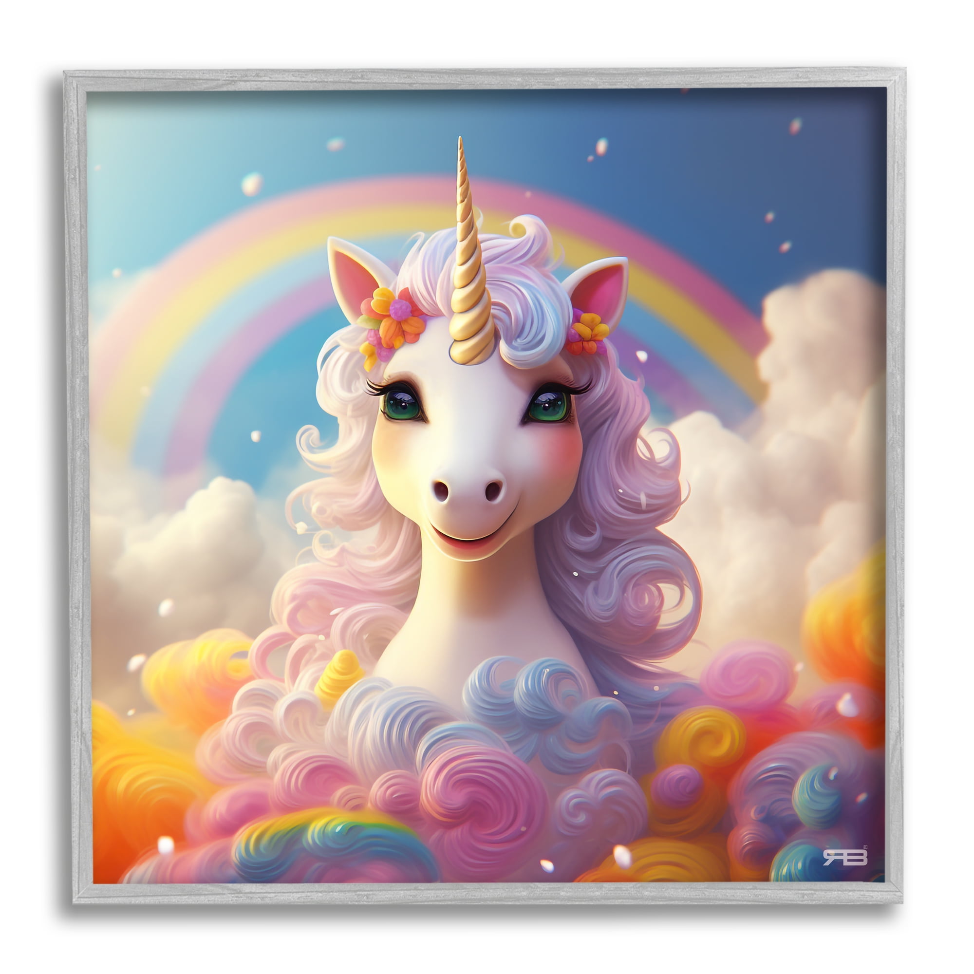 Stupell Industries White Unicorn with Rainbow Fairy Tales & Fantasy Painting Gray Framed Art Print Wall Art, 17 x 17