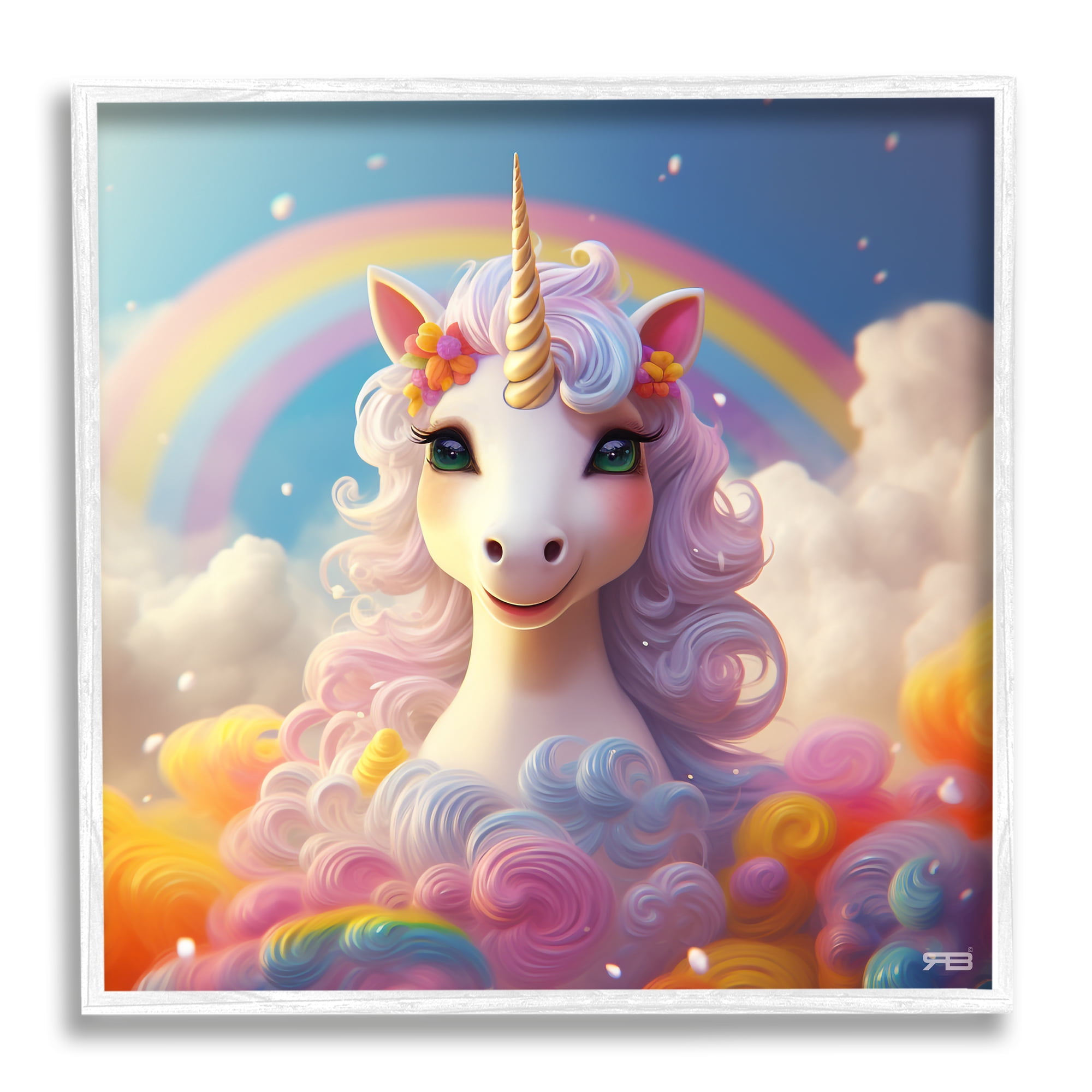 Stupell Industries White Unicorn with Rainbow Fairy Tales & Fantasy Painting White Framed Art Print Wall Art, 17 x 17