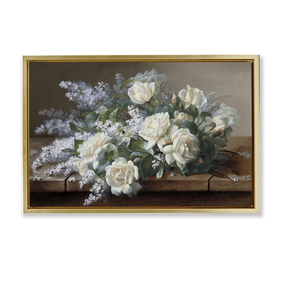 Stupell Industries White Vintage Roses Plants & Flowers Painting Gold Floater Framed Canvas Art Print Wall Art, 25 x 17