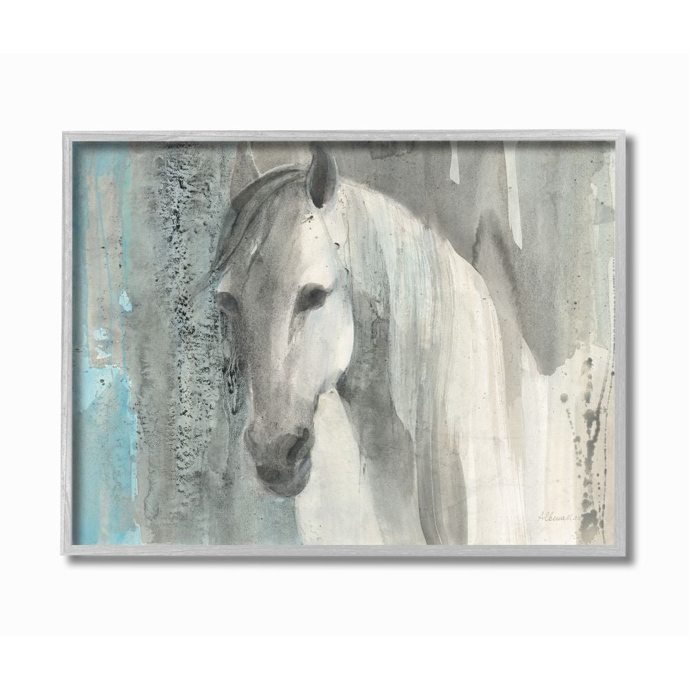 Stupell Industries White Wild Horse Portrait Farm Animal Blue Grey Watercolor Framed Wall Art Design by Albena Hristova, 16" x 20", Gray Framed