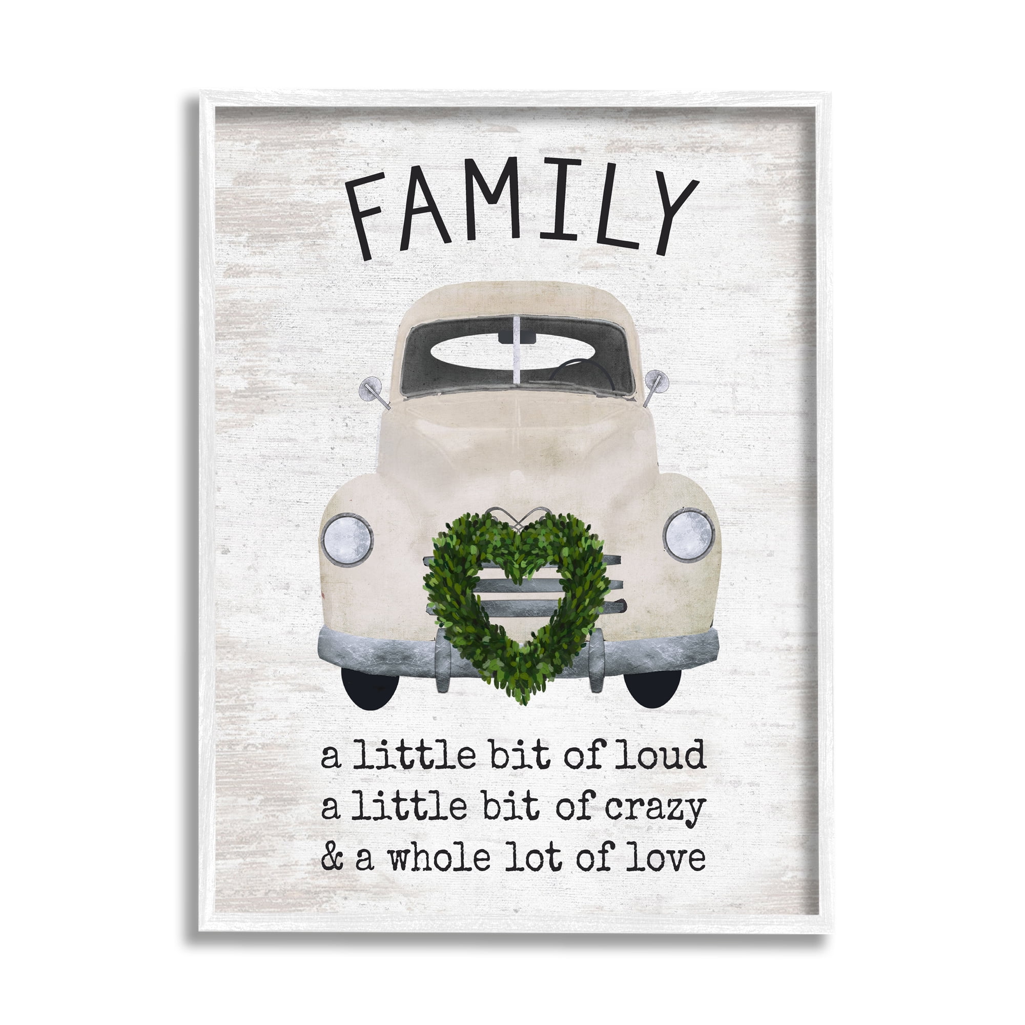 Stupell Industries Wholesome Family Sign Antique Car Heart Wreath Graphic Art White Framed Art Print Wall Art, Design by Lettered and Lined