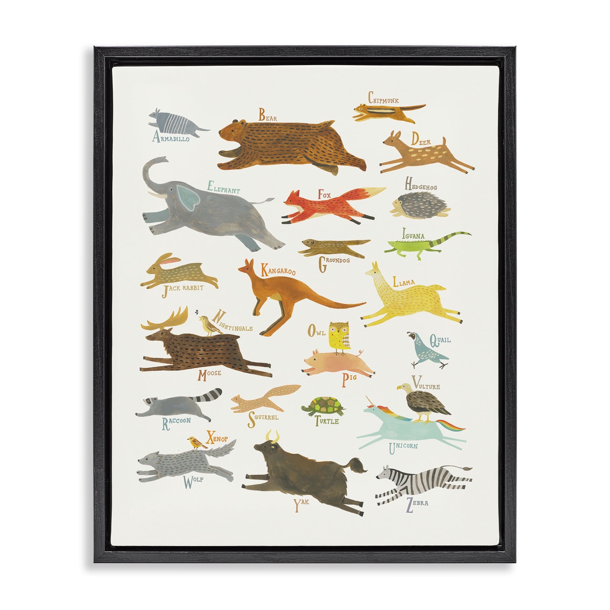 Stupell Industries Wild Animals Alphabet Education Painting Black Floater Framed Canvas Art Print Wall Art, 17 x 21