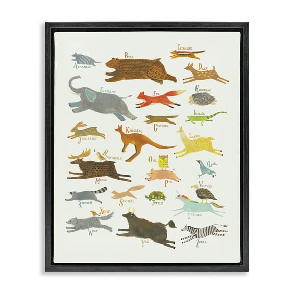 Stupell Industries Wild Animals Alphabet Education Painting Black Floater Framed Canvas Art Print Wall Art, 17 x 21