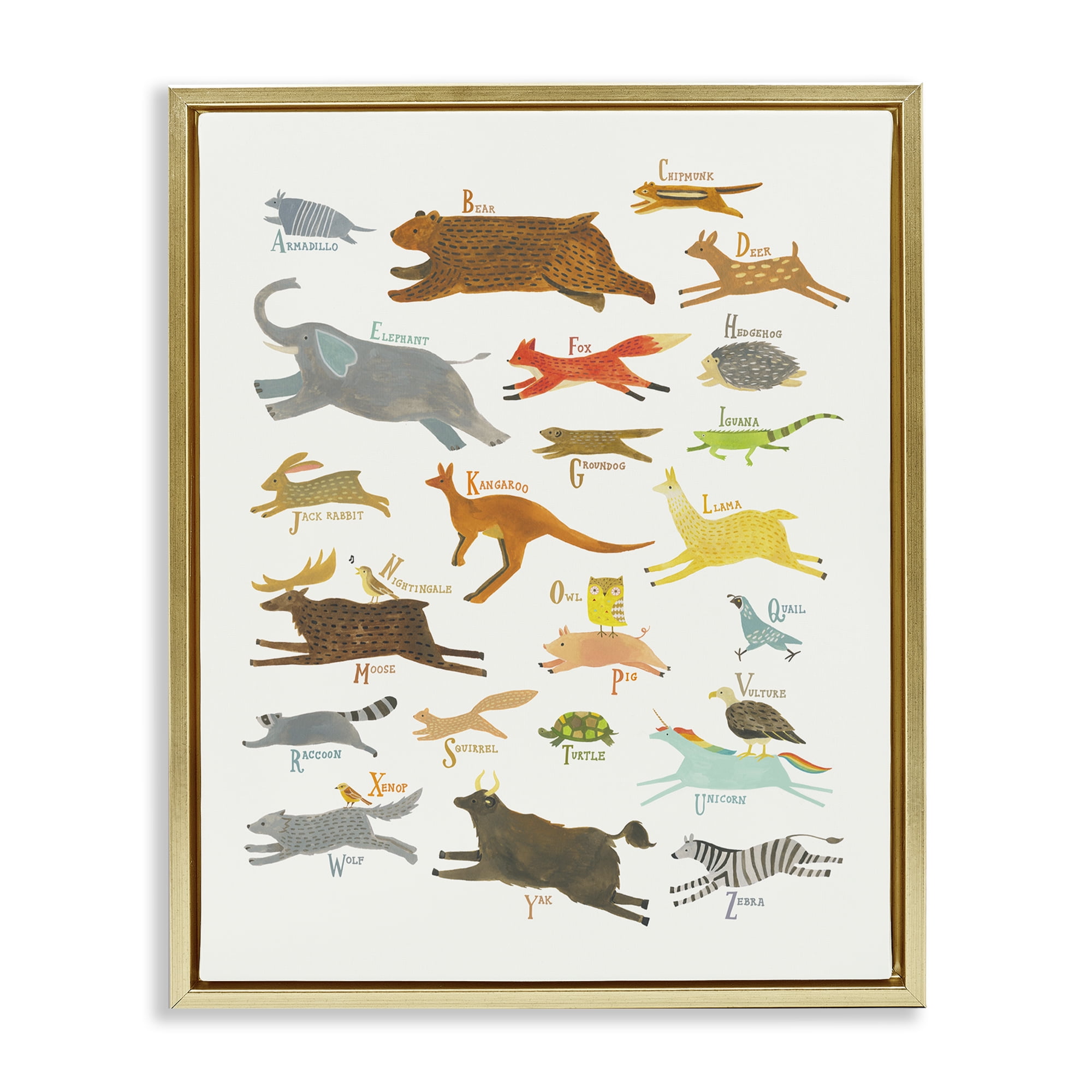 Stupell Industries Wild Animals Alphabet Education Painting Gold Floater Framed Canvas Art Print Wall Art, 17 x 21