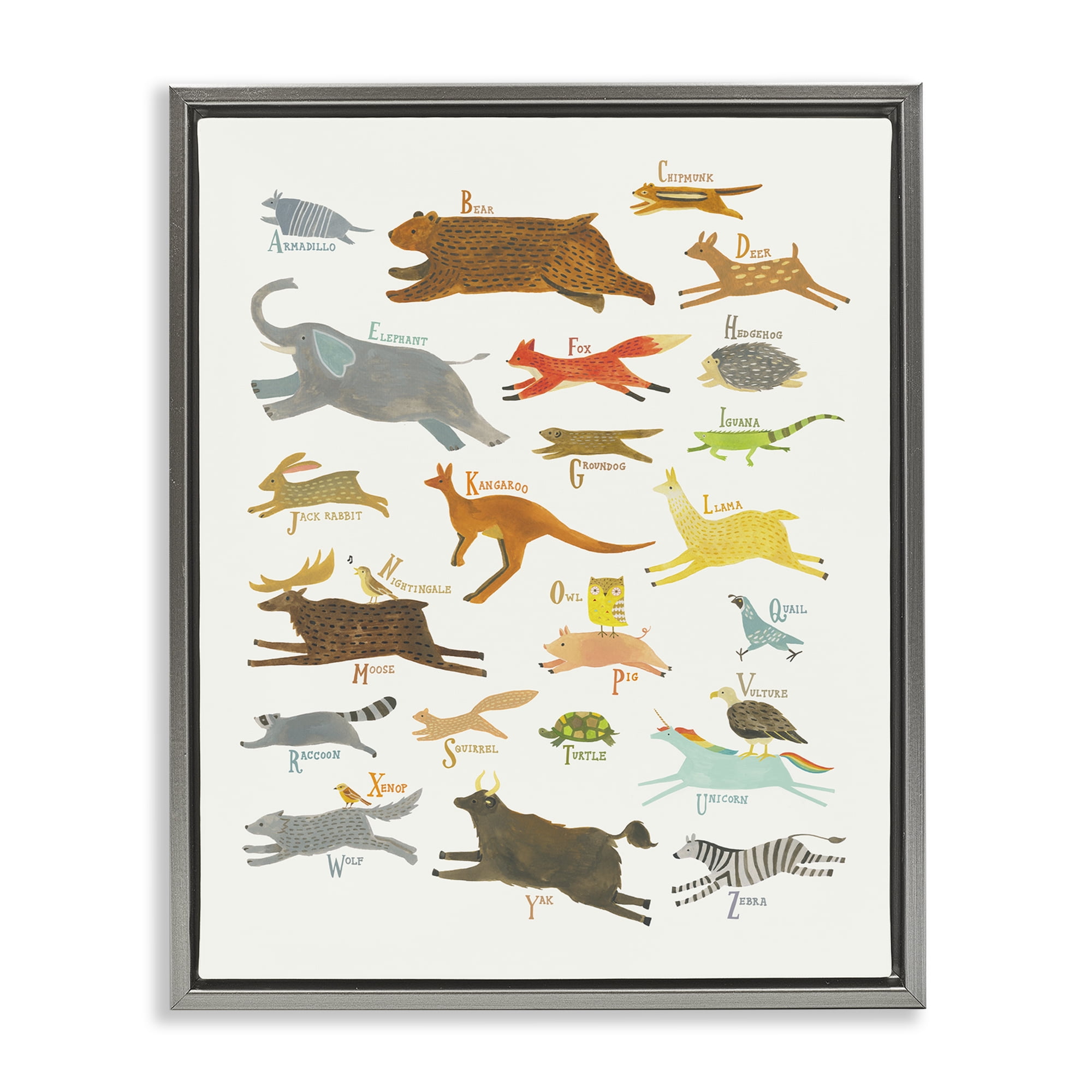 Stupell Industries Wild Animals Alphabet Education Painting Gray Floater Framed Canvas Art Print Wall Art, 25 x 31