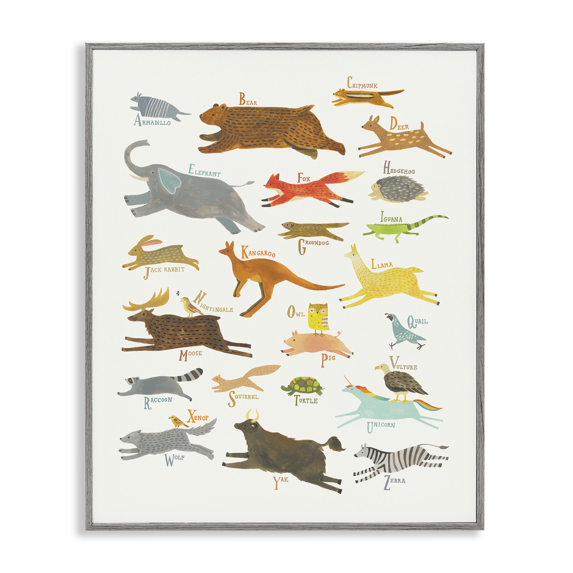 Stupell Industries Wild Animals Alphabet Education Painting Gray Framed Art Print Wall Art, 24 x 30