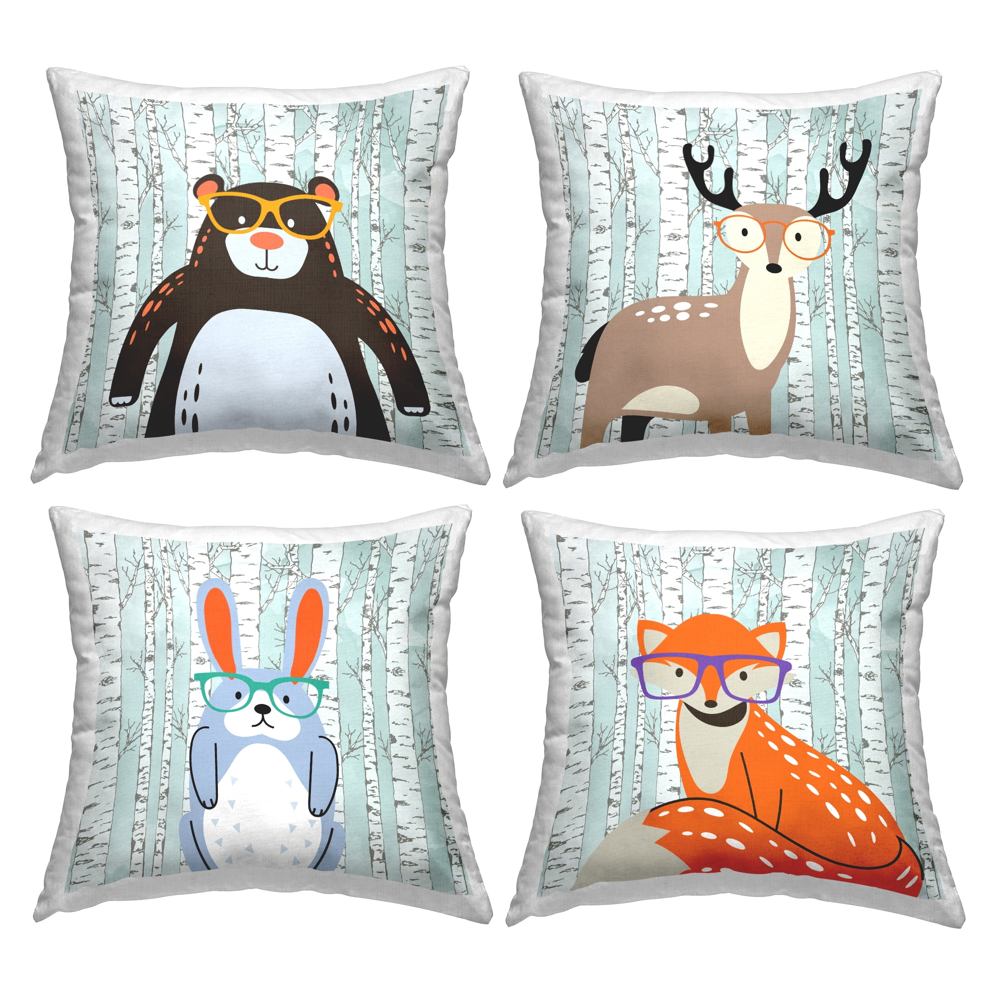 Stupell Industries Wild Animals Wearing Glasses 4 Piece Decorative Printed Throw Pillow Set, 18 x 18