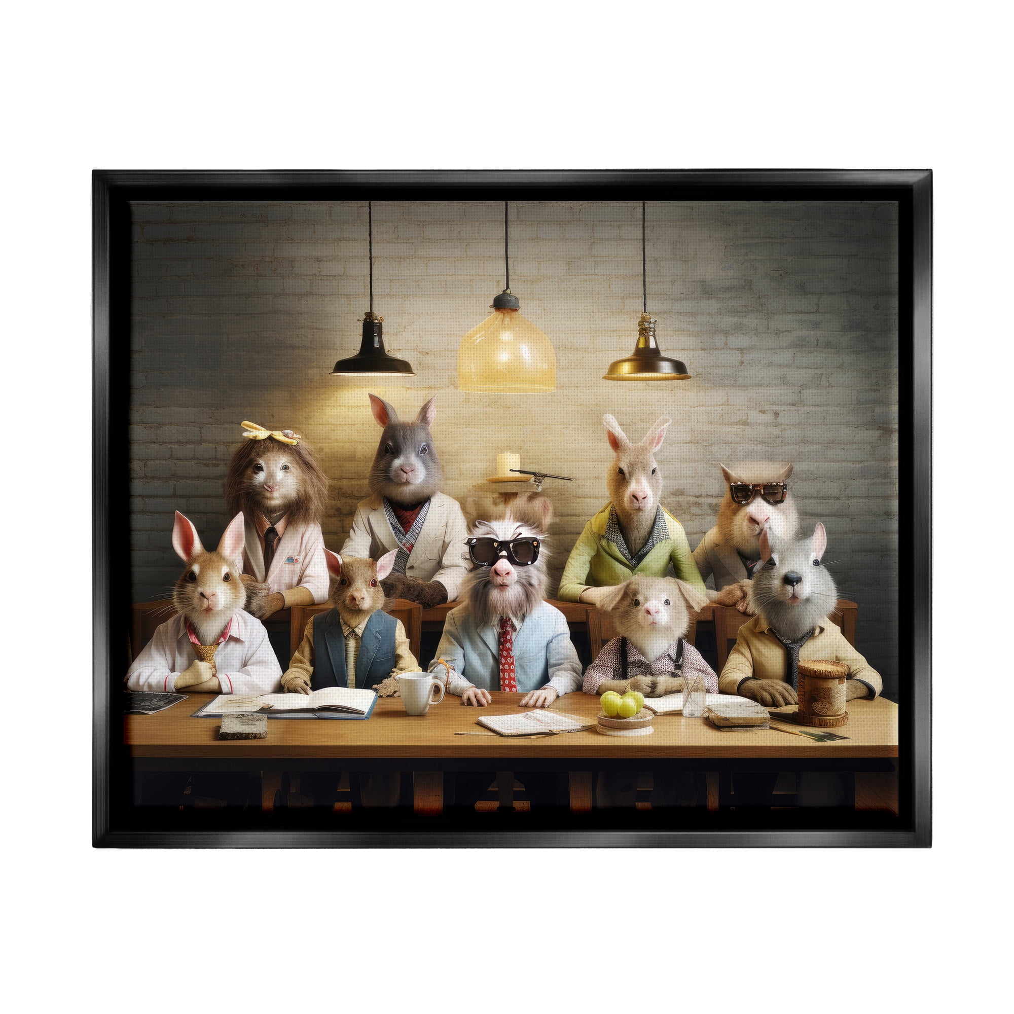 Stupell Industries Wild Animals at Table Animals & Insects Painting Black Floater Framed Canvas Art Print Wall Art, 31 x 25