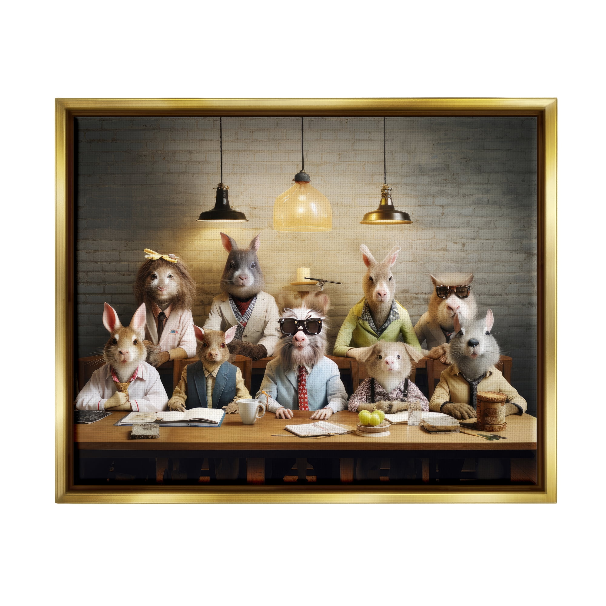 Stupell Industries Wild Animals at Table Animals & Insects Painting Gold Floater Framed Canvas Art Print Wall Art, 21 x 17
