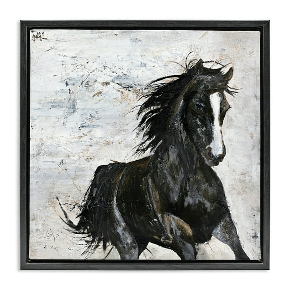 Stupell Industries Wild Black Horse Galloping Animals & Insects Painting Black Floater Framed Canvas Art Print Wall Art, 18 x 18