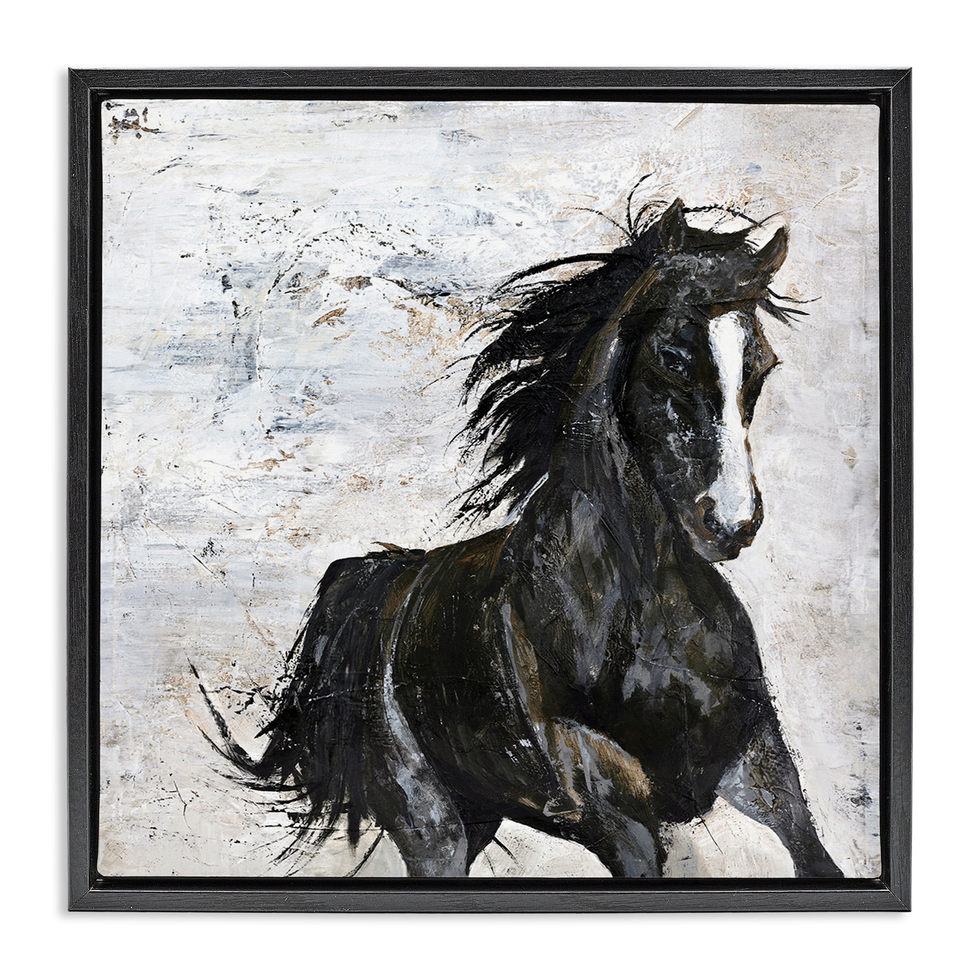 Stupell Industries Wild Black Horse Galloping Animals & Insects Painting Black Floater Framed Canvas Art Print Wall Art, 25 x 25
