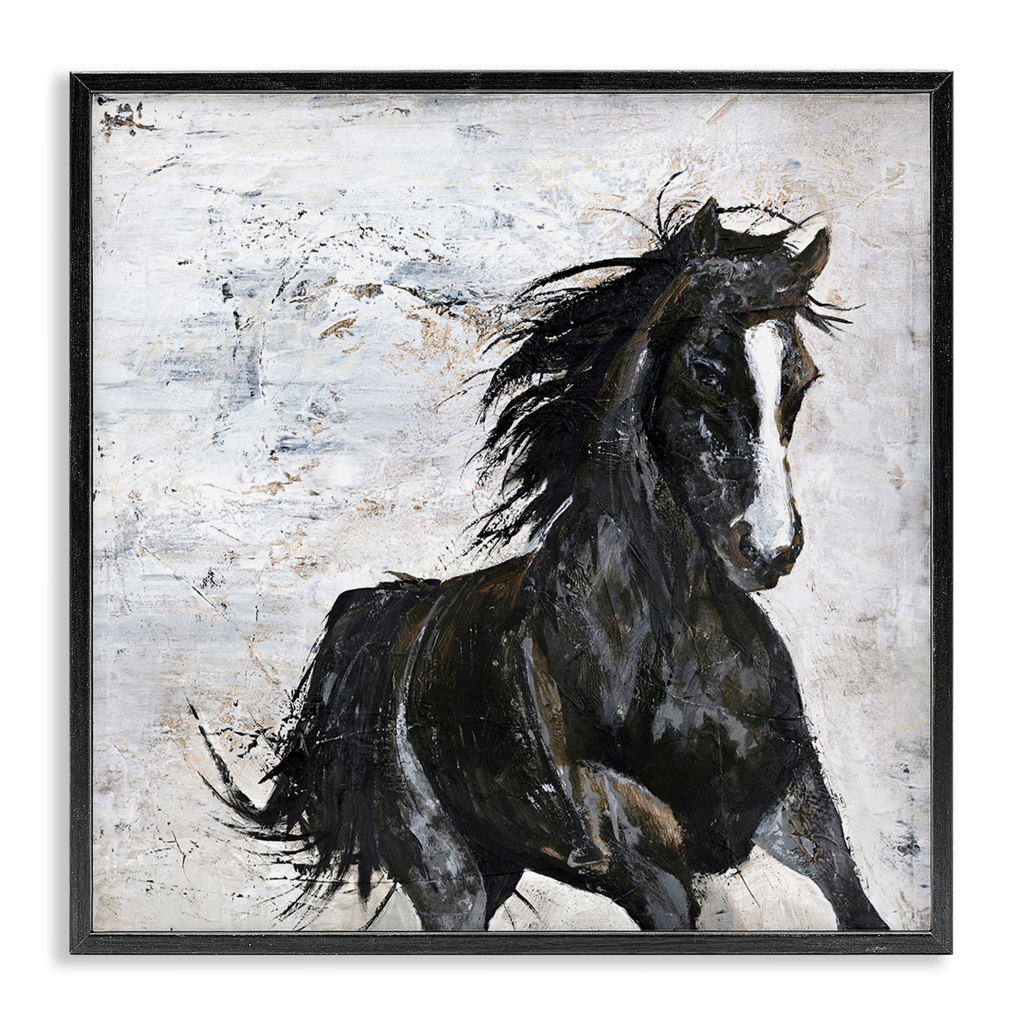 Stupell Industries Wild Black Horse Galloping Animals & Insects Painting Black Framed Art Print Wall Art, 17 x 17