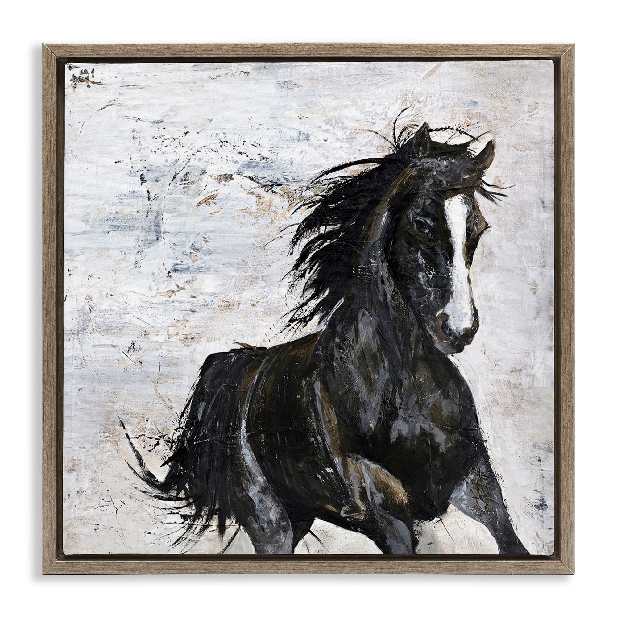 Stupell Industries Wild Black Horse Galloping Animals & Insects Painting Brown Floater Framed Canvas Art Print Wall Art, 25 x 25