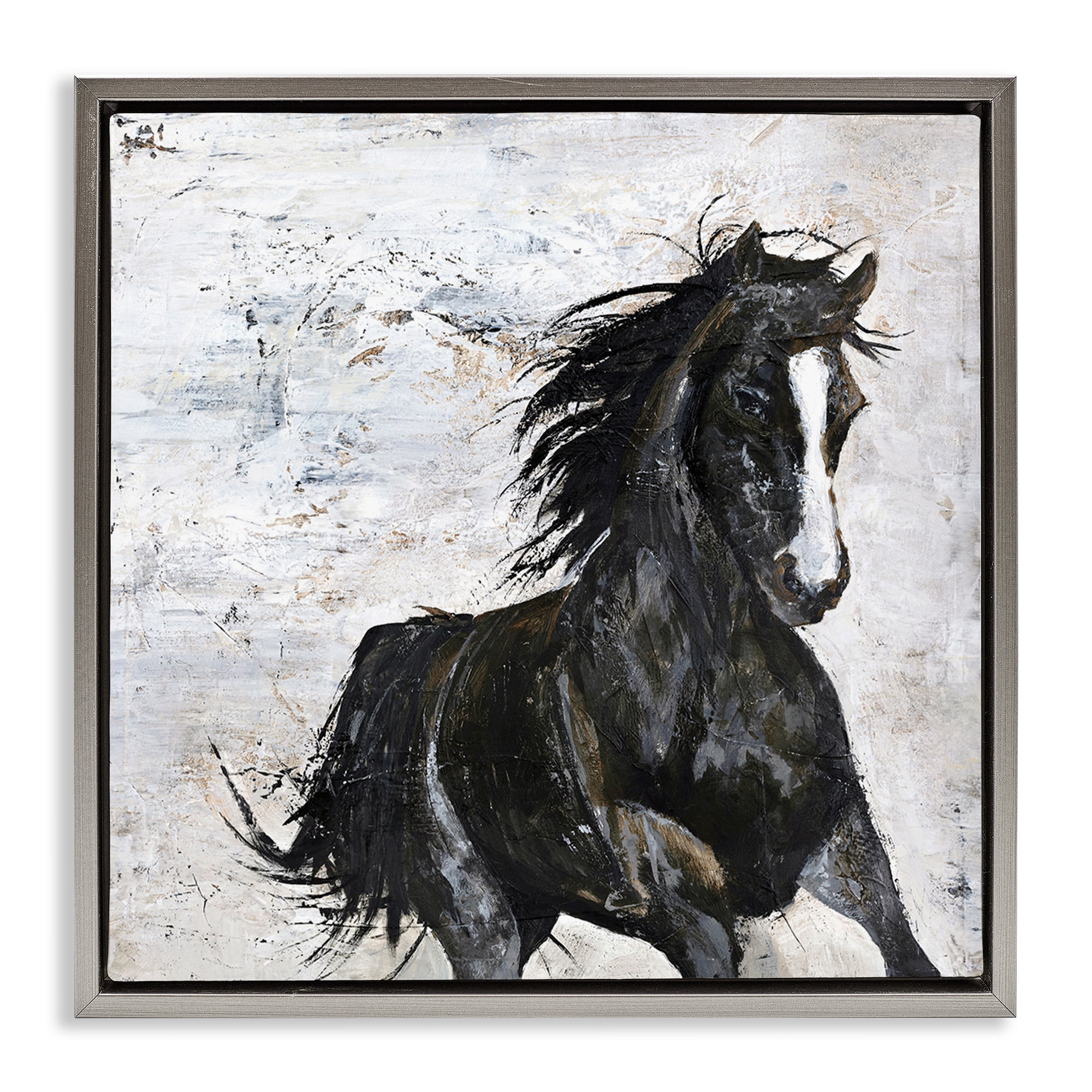 Stupell Industries Wild Black Horse Galloping Animals & Insects Painting Gray Floater Framed Canvas Art Print Wall Art, 25 x 25