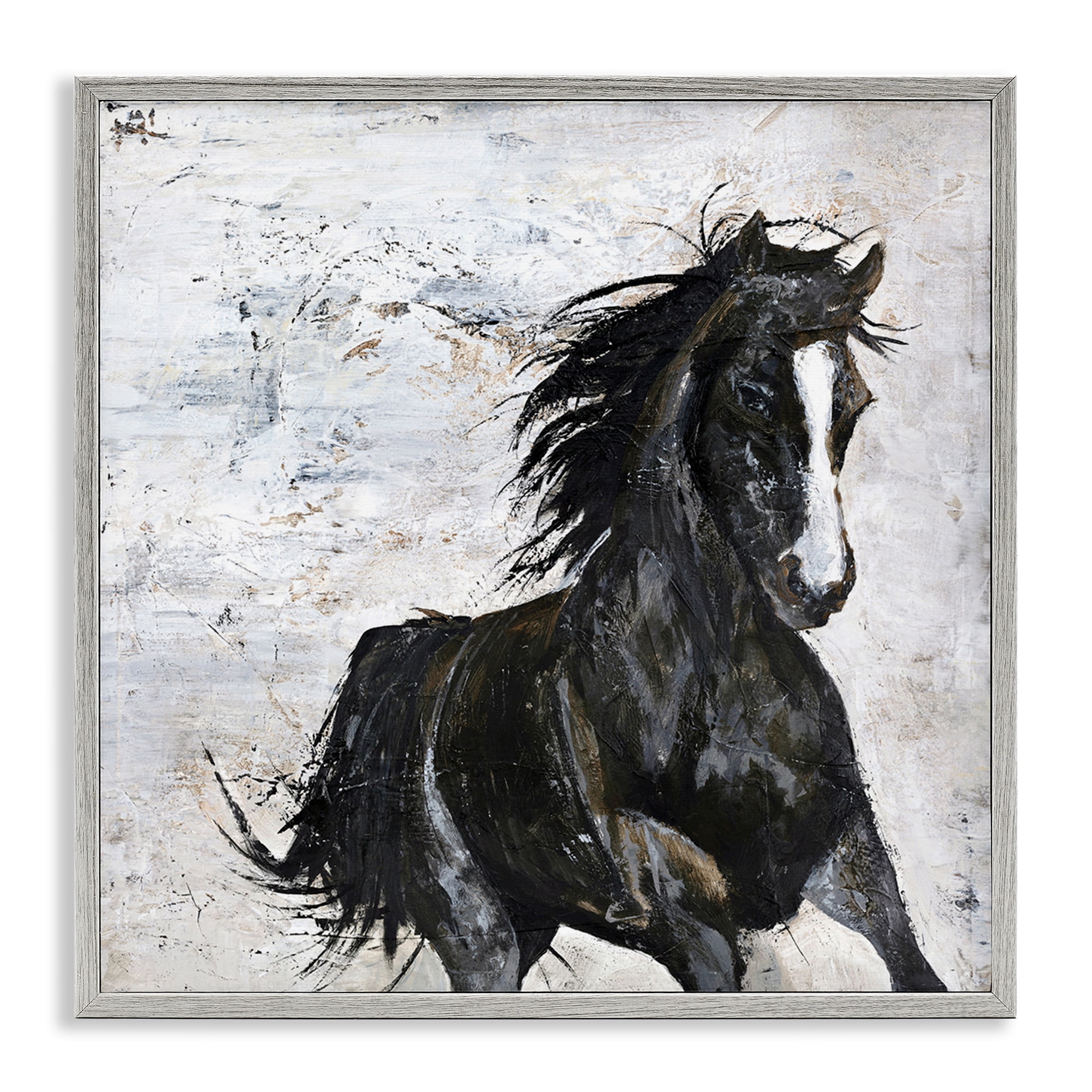 Stupell Industries Wild Black Horse Galloping Animals & Insects Painting Gray Framed Art Print Wall Art, 12 x 12