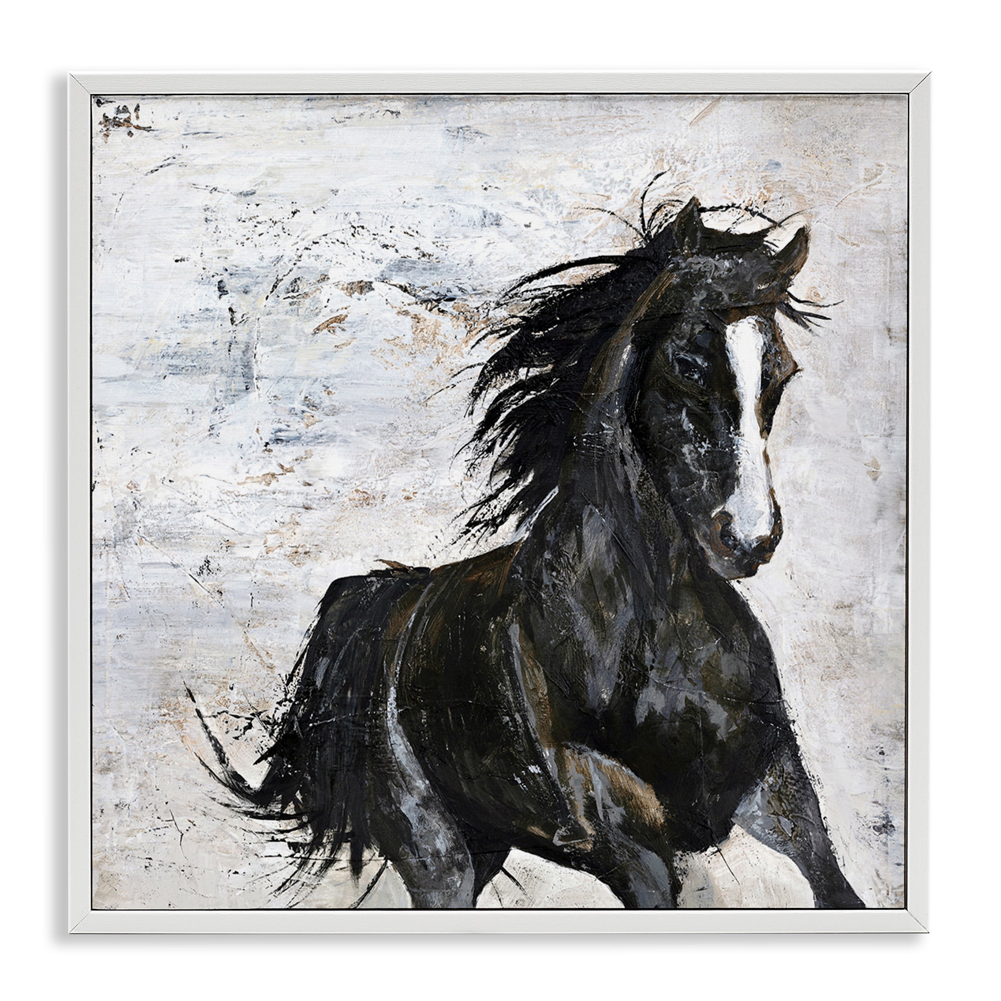 Stupell Industries Wild Black Horse Galloping Animals & Insects Painting White Framed Art Print Wall Art, 17 x 17