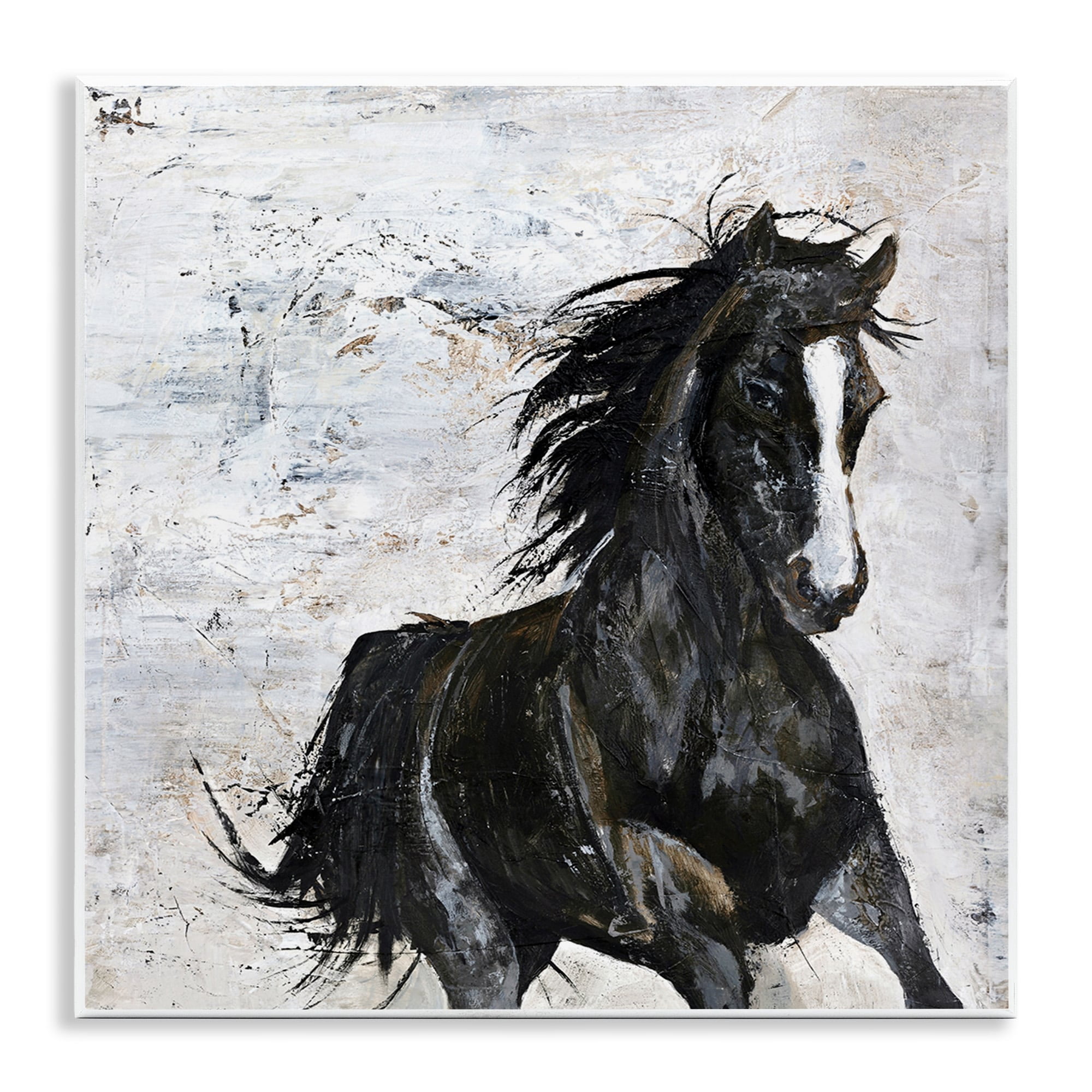 Stupell Industries Wild Black Horse Galloping over Abstract White Wall Plaque by Design Fabrikken