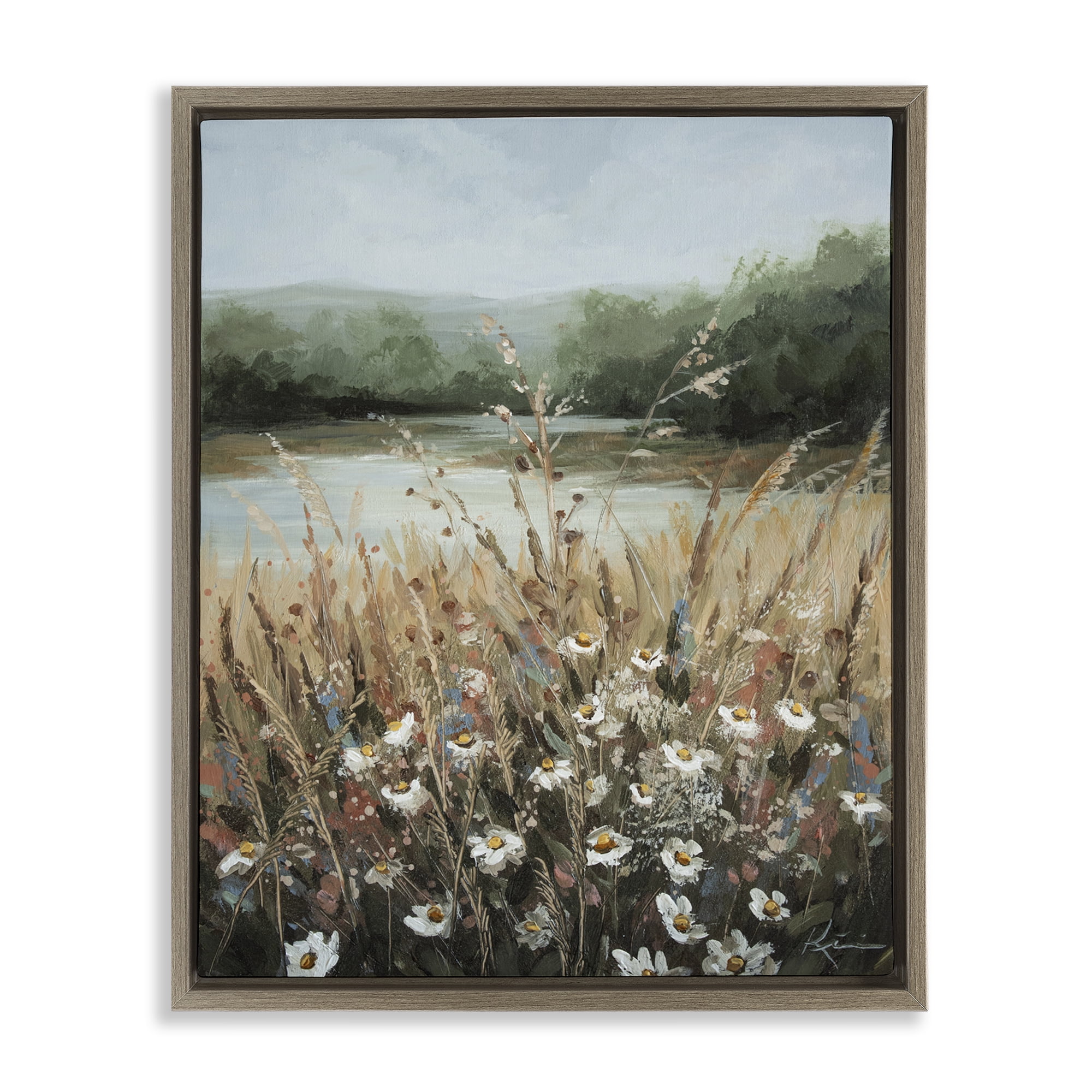 Stupell Industries Wild Blooms by Marsh Landscape & Nature Painting Brown Floater Framed Canvas Art Print Wall Art, 17 x 21