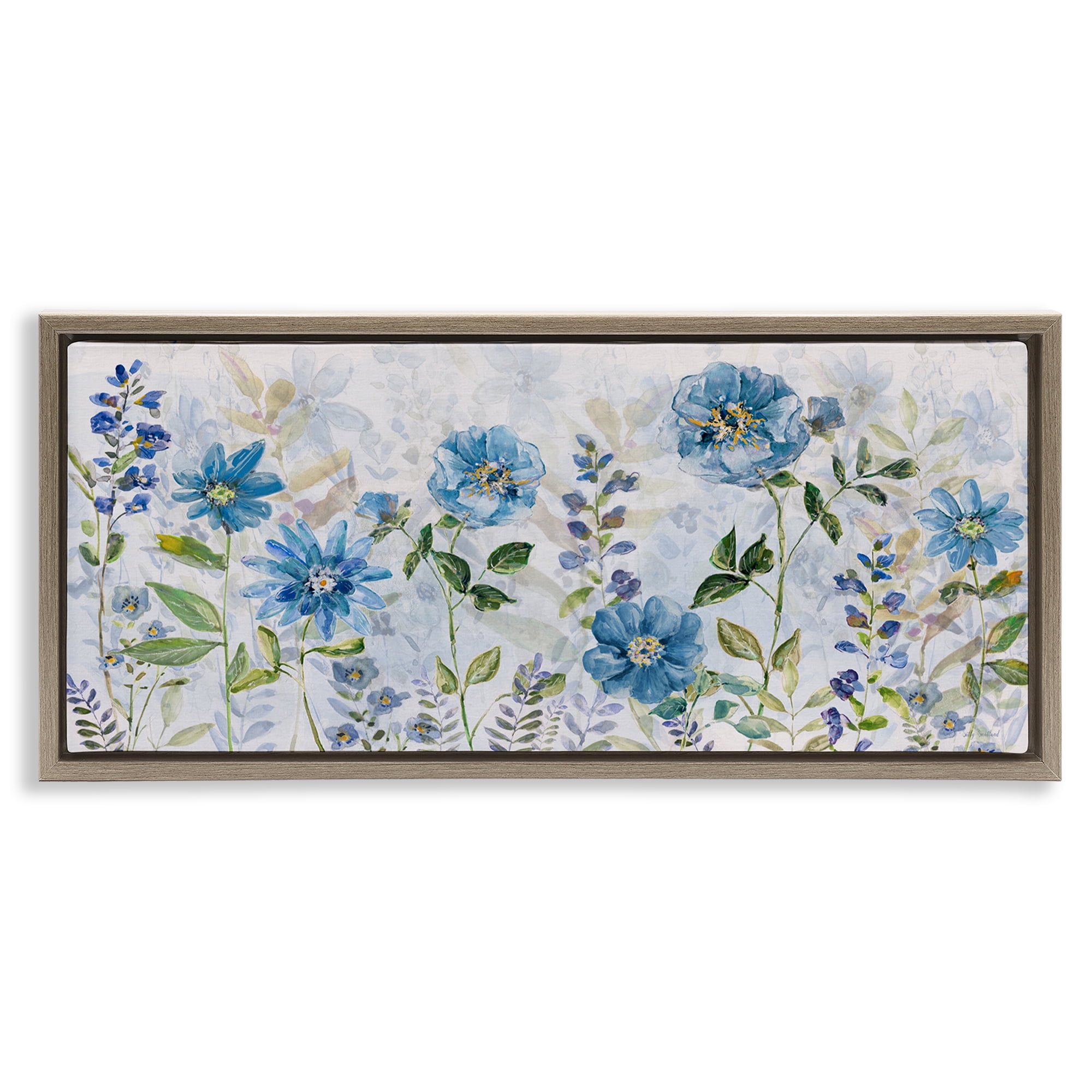 Stupell Industries Wild Blue Poppies Botanical & Floral Painting Brown Floater Framed Art Print Wall Art, 25 x 11
