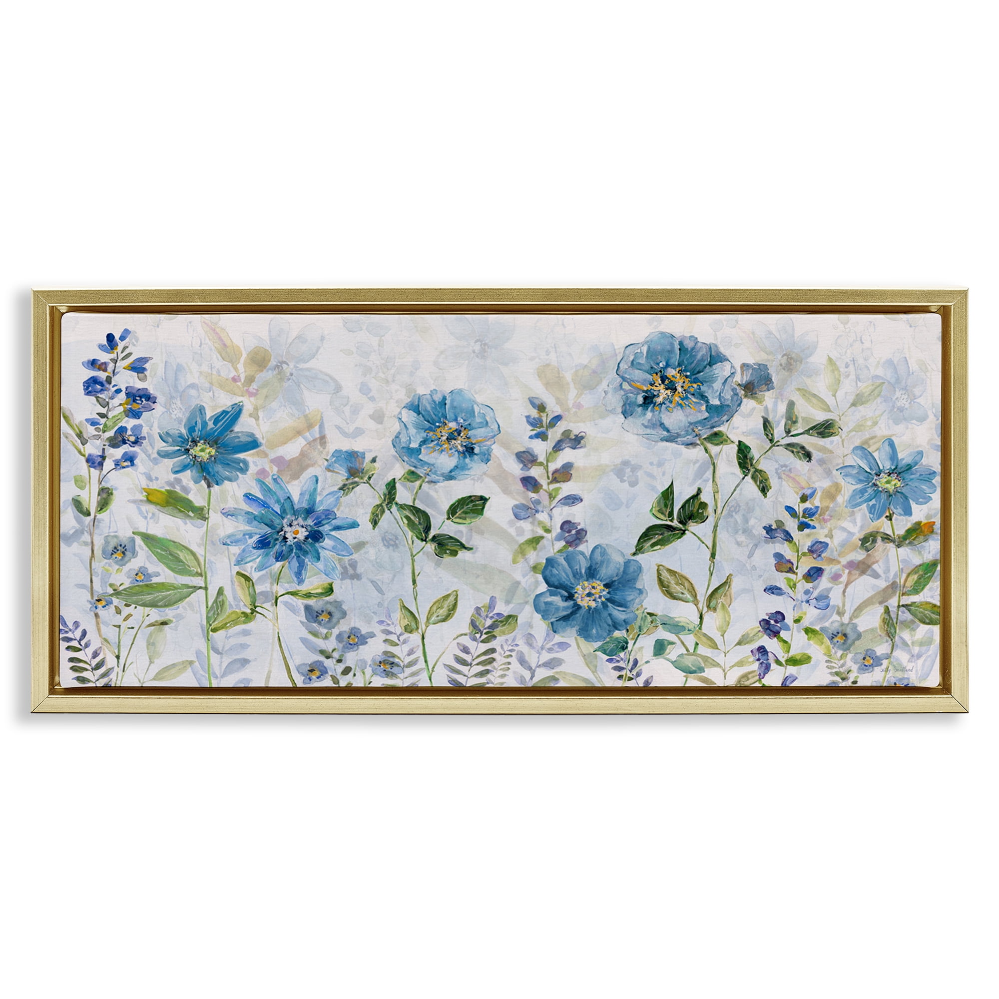 Stupell Industries Wild Blue Poppies Botanical & Floral Painting Gold Floater Framed Art Print Wall Art, 31 x 14