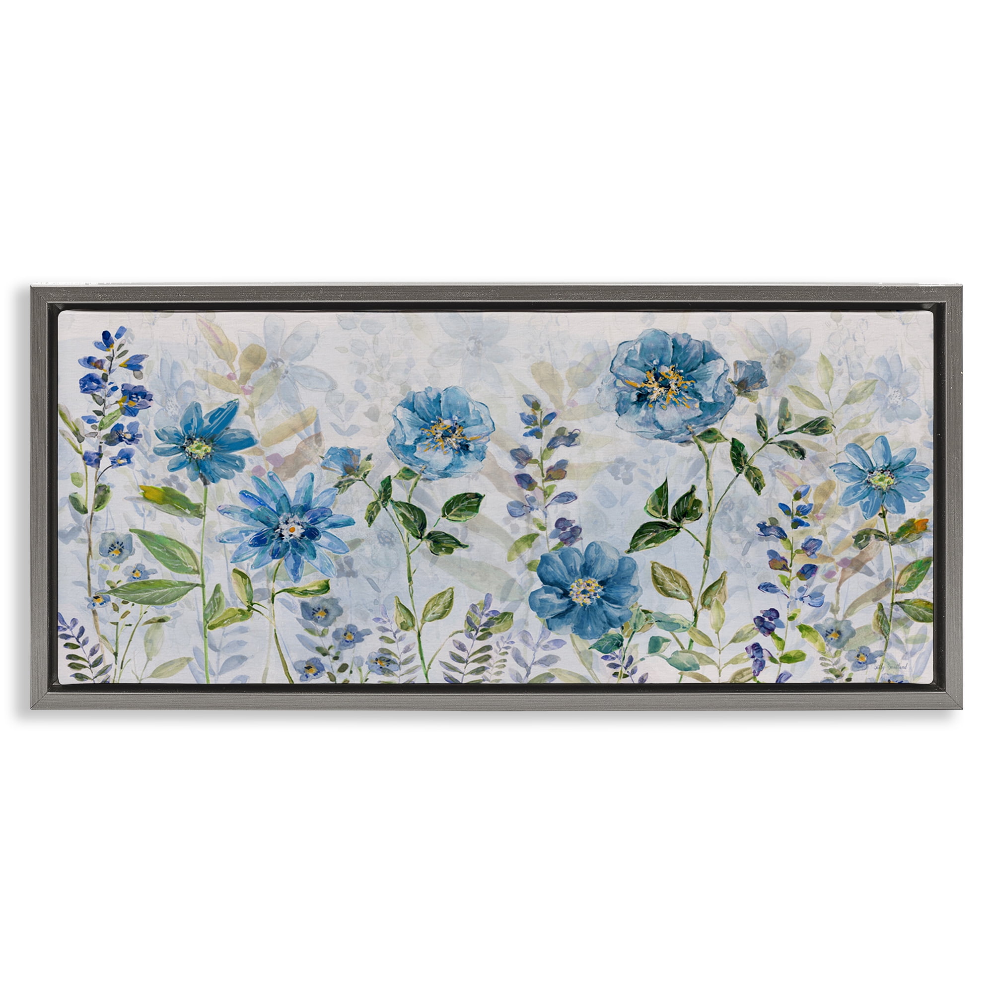 Stupell Industries Wild Blue Poppies Botanical & Floral Painting Gray Floater Framed Art Print Wall Art, 25 x 11