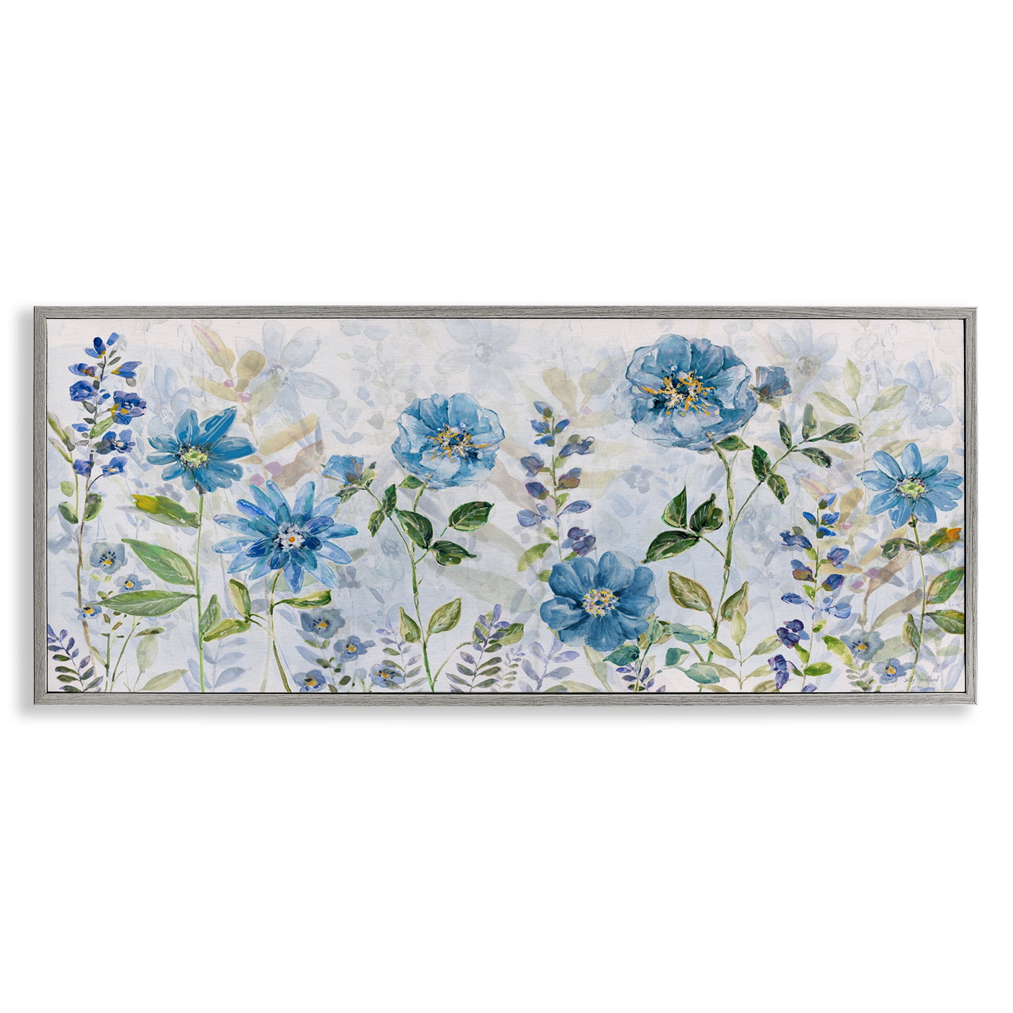 Stupell Industries Wild Blue Poppies Botanical & Floral Painting Gray Framed Art Print Wall Art, 30 x 13