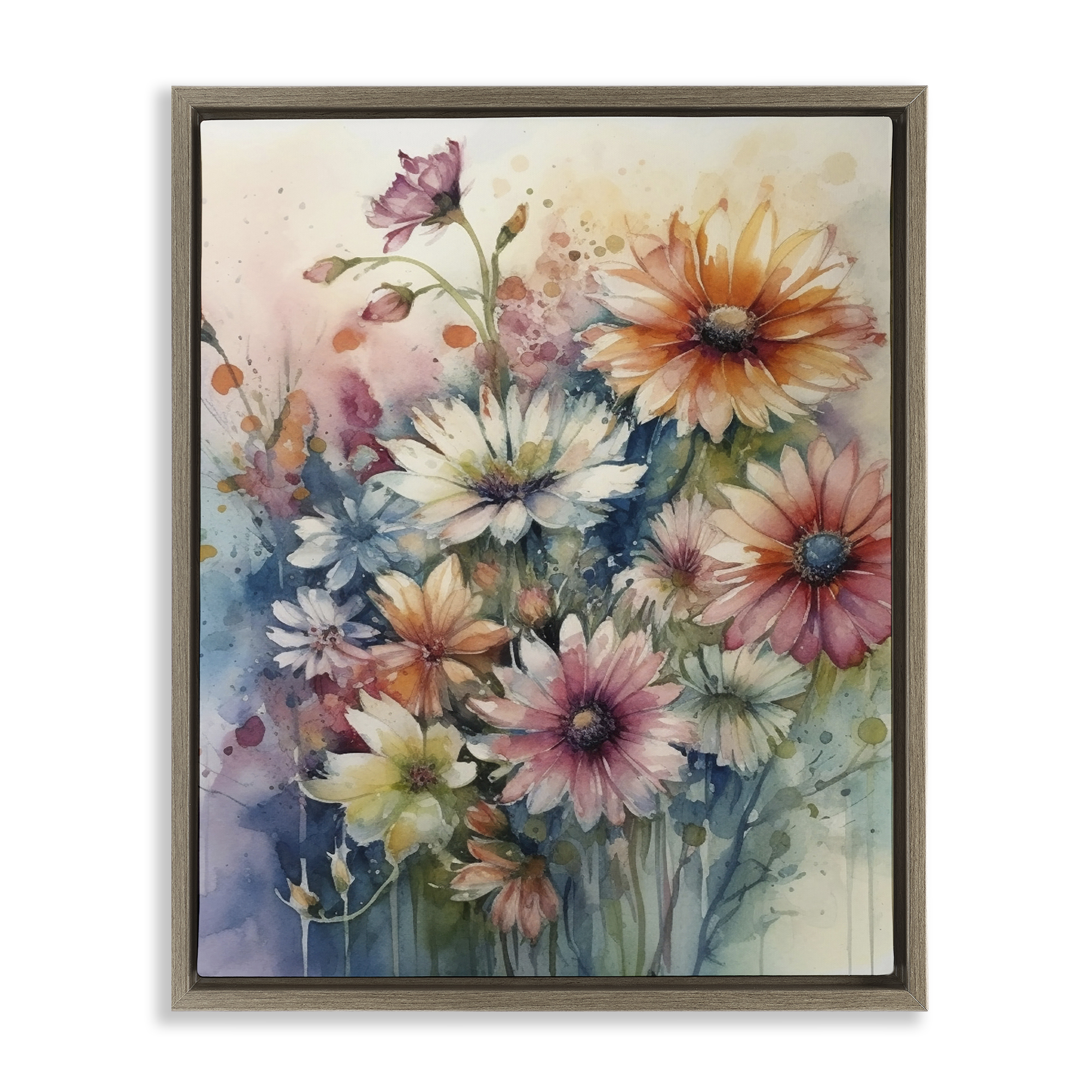 Stupell Industries Wild Bright Daisies Plants & Flowers Painting Brown Floater Framed Canvas Art Print Wall Art, 17 x 21
