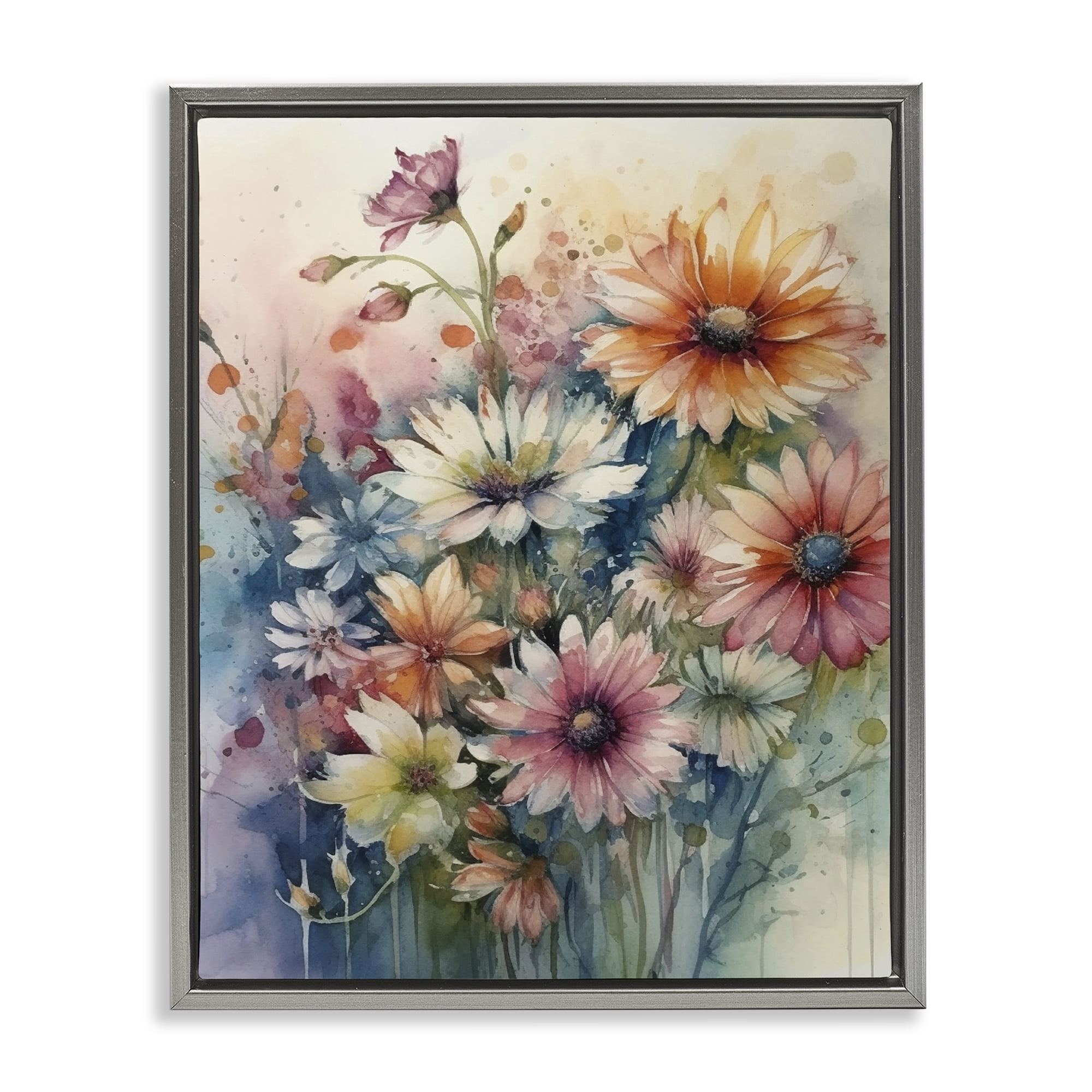 Stupell Industries Wild Bright Daisies Plants & Flowers Painting Gray Floater Framed Canvas Art Print Wall Art, 25 x 31