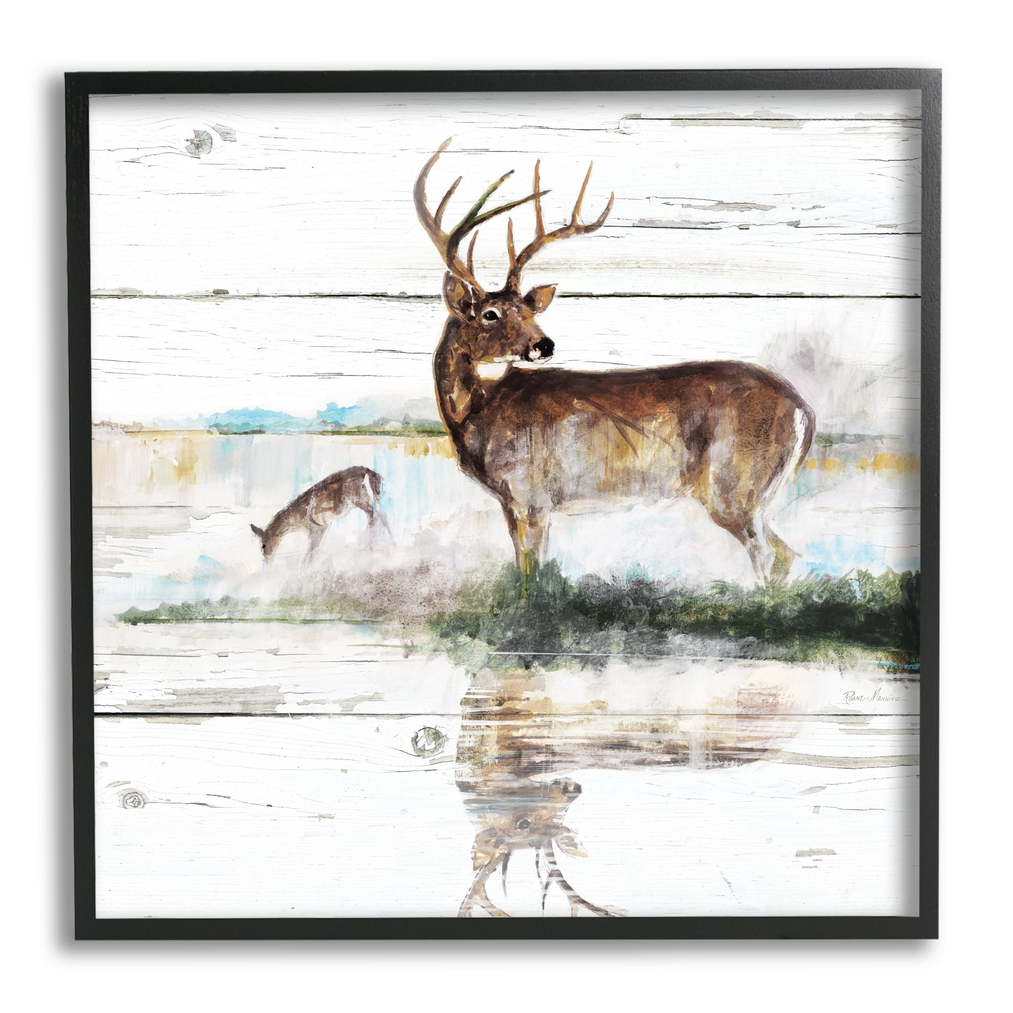 Stupell Industries Wild Buck Deer Watering Hole Forest Animal Reflection Animals & Insects Painting Black Framed Art Print Wall Art, 24 x 24