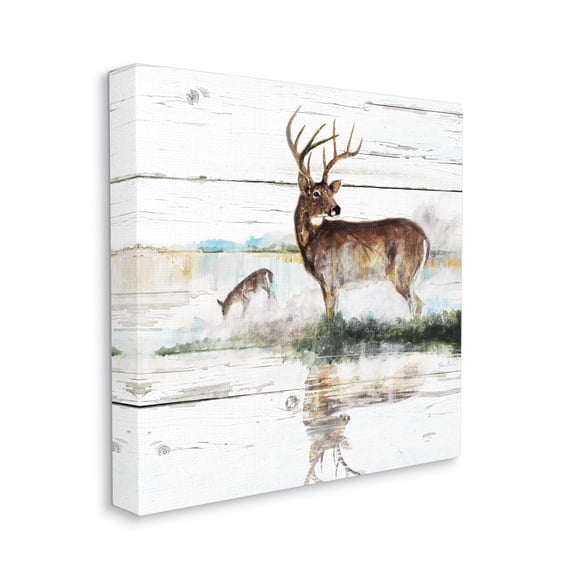 Stupell Industries Wild Buck Deer Watering Hole Forest Animal Reflection Animals & Insects Painting Gallery Wrapped Canvas Print Wall Art, 36 x 36