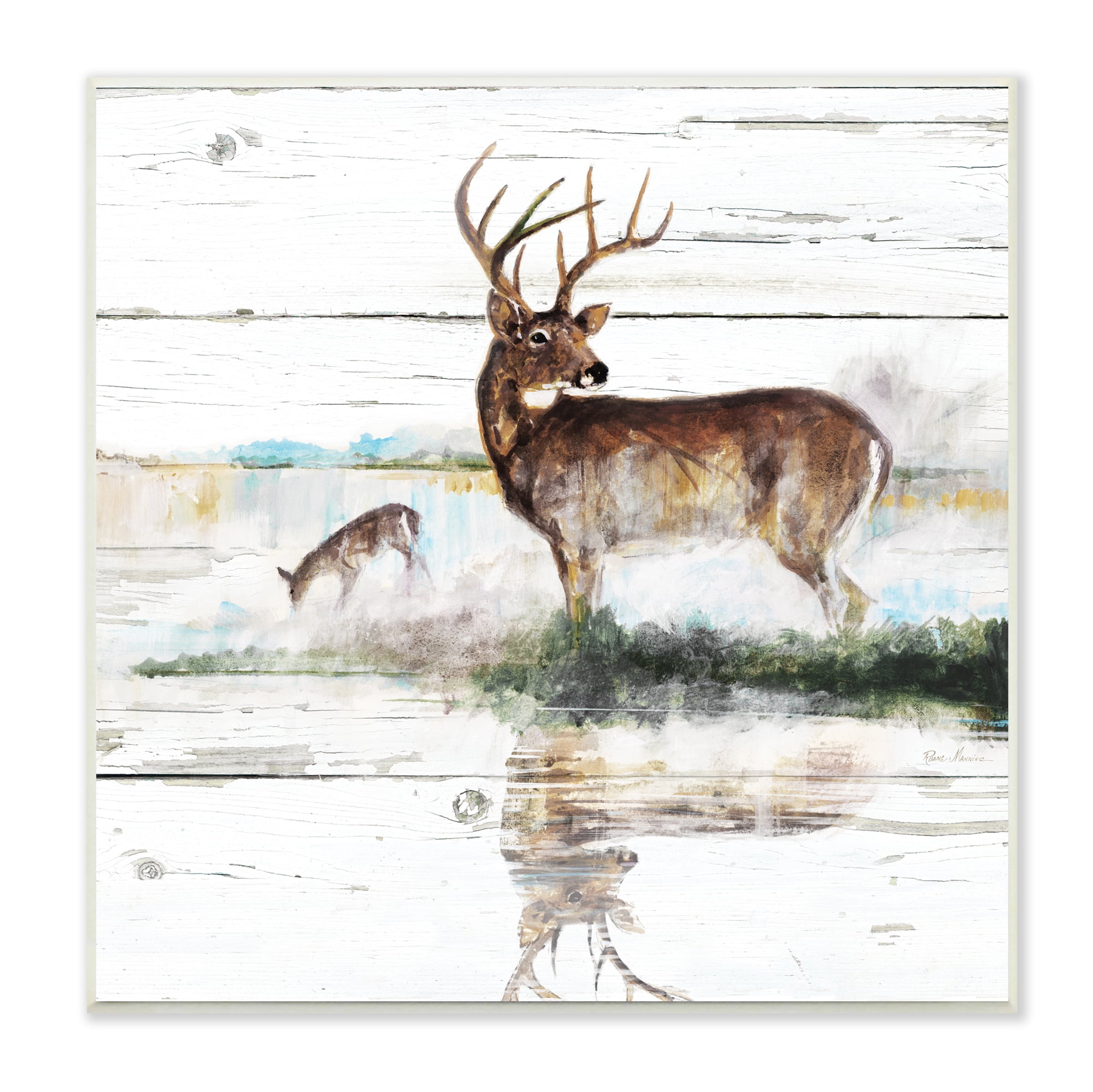Stupell Industries Wild Buck Deer Watering Hole Forest Animal Reflection Animals & Insects Painting Unframed Art Print Wall Art, 12 x 12
