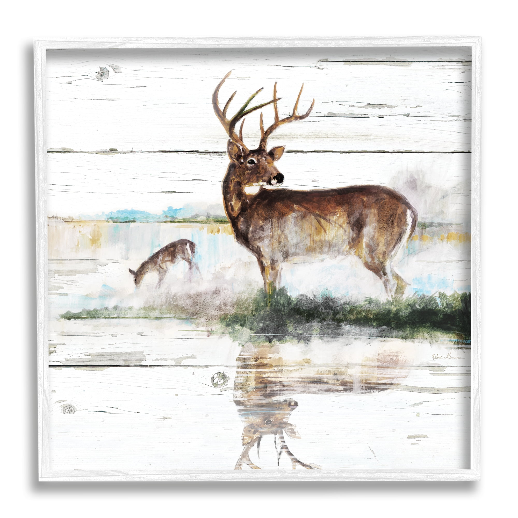 Stupell Industries Wild Buck Deer Watering Hole Forest Animal Reflection Animals & Insects Painting White Framed Art Print Wall Art, 12 x 12