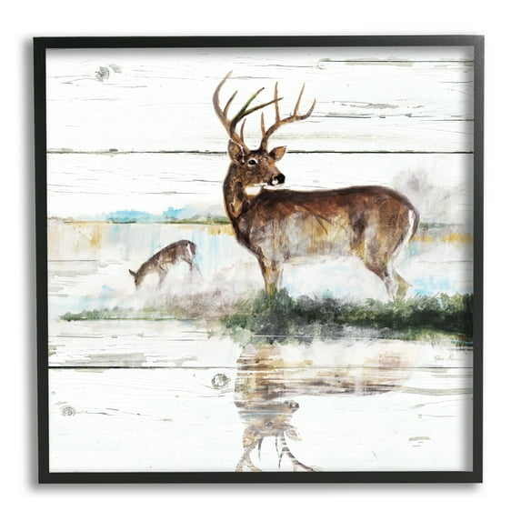 Stupell Industries Wild Buck Deer Watering Hole Forest Animal Reflection Modern Painting Black framed Art Print Wall Art, 12 x 12, Design by Ruane Manning