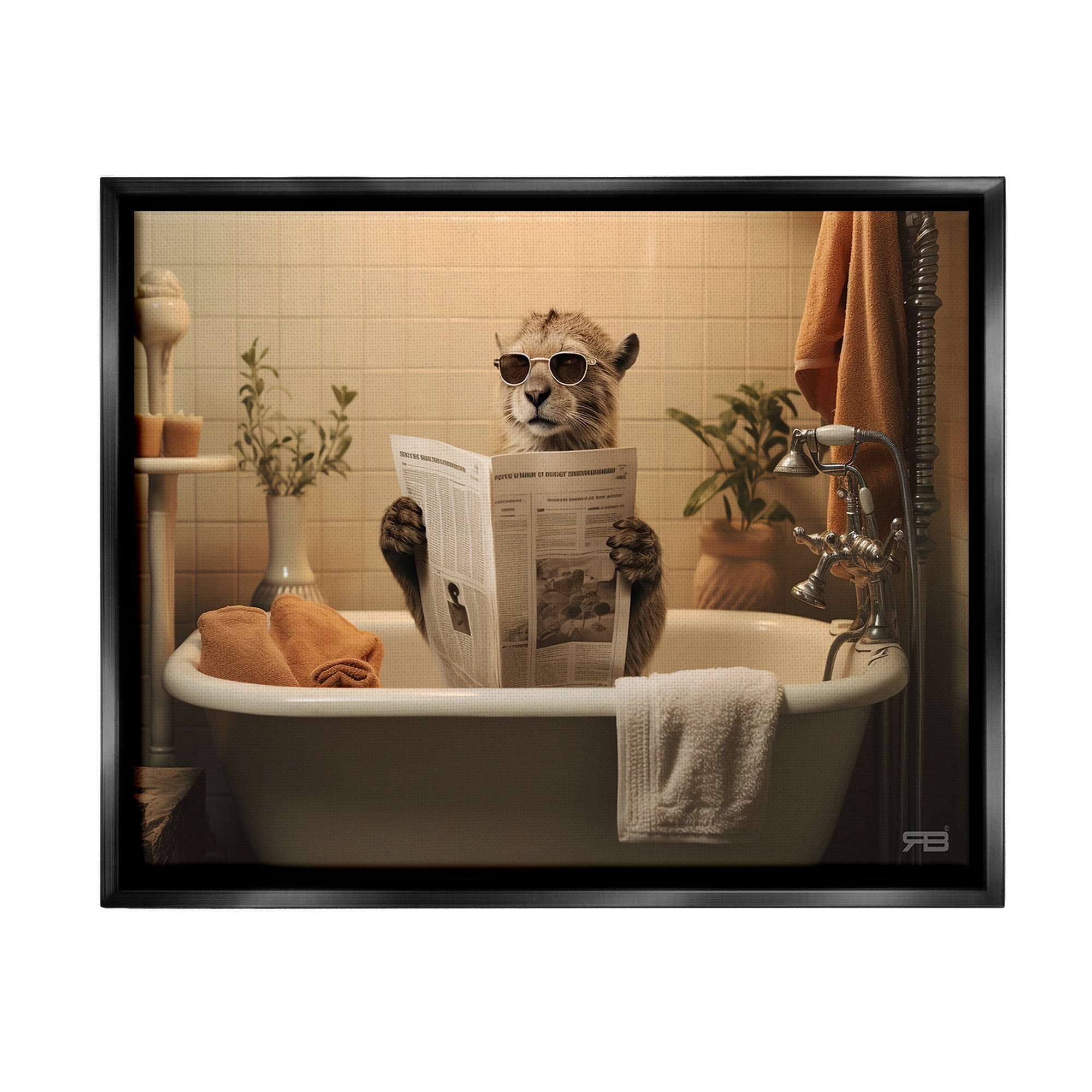 Stupell Industries Wild Cat in Bathtub Animals & Insects Painting Black Floater Framed Canvas Art Print Wall Art, 21 x 17