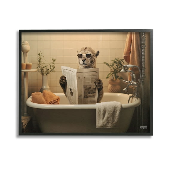 Stupell Industries Wild Cat in Bathtub Animals & Insects Painting Black Framed Art Print Wall Art, 14 x 11