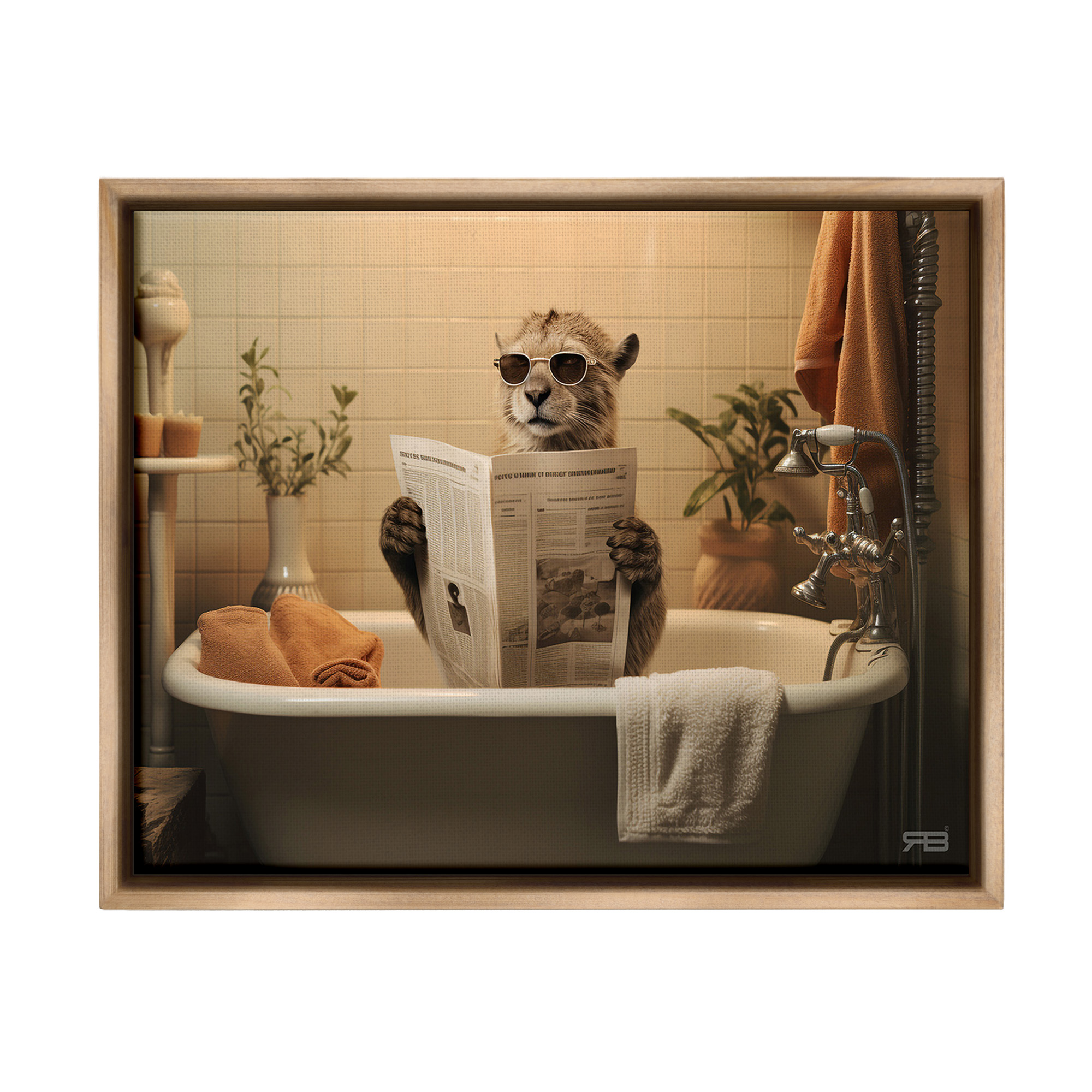 Stupell Industries Wild Cat in Bathtub Animals & Insects Painting Brown Floater Framed Canvas Art Print Wall Art, 21 x 17