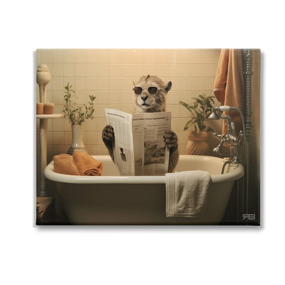Stupell Industries Wild Cat in Bathtub Animals & Insects Painting Gallery Wrapped Canvas Art Print Wall Art, 20 x 16