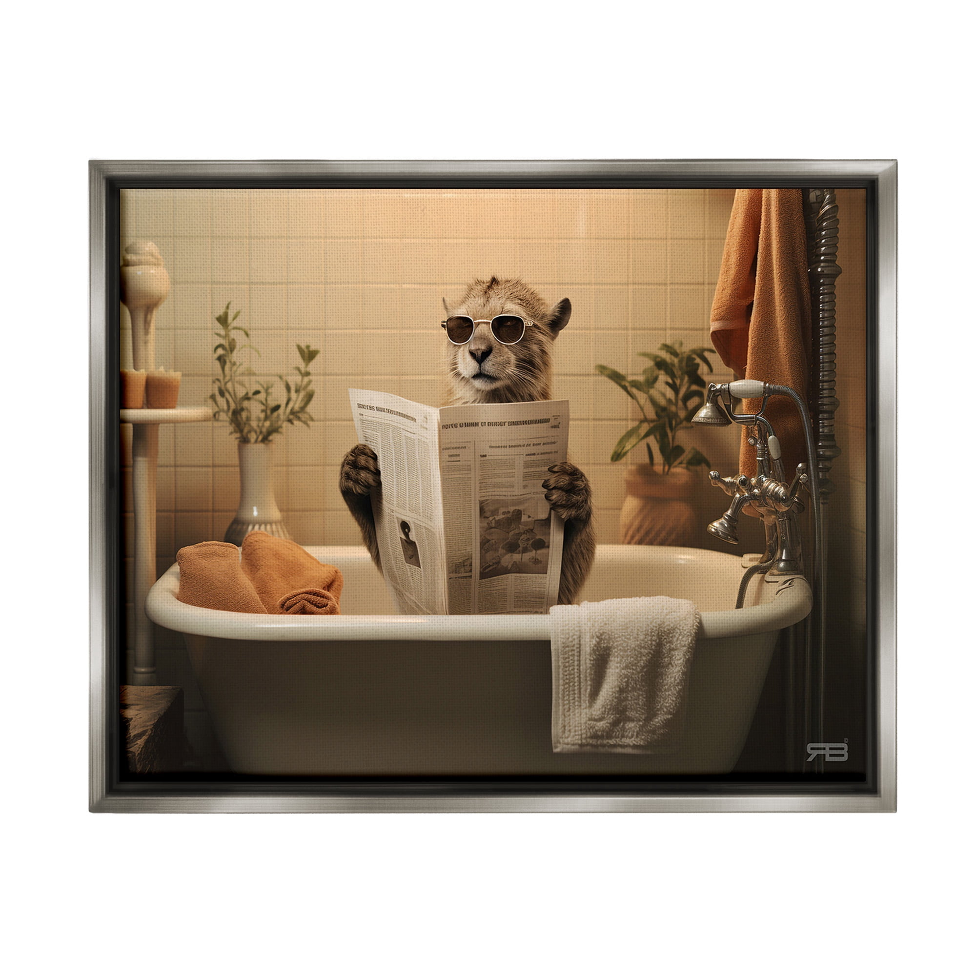 Stupell Industries Wild Cat in Bathtub Animals & Insects Painting Gray Floater Framed Canvas Art Print Wall Art, 21 x 17