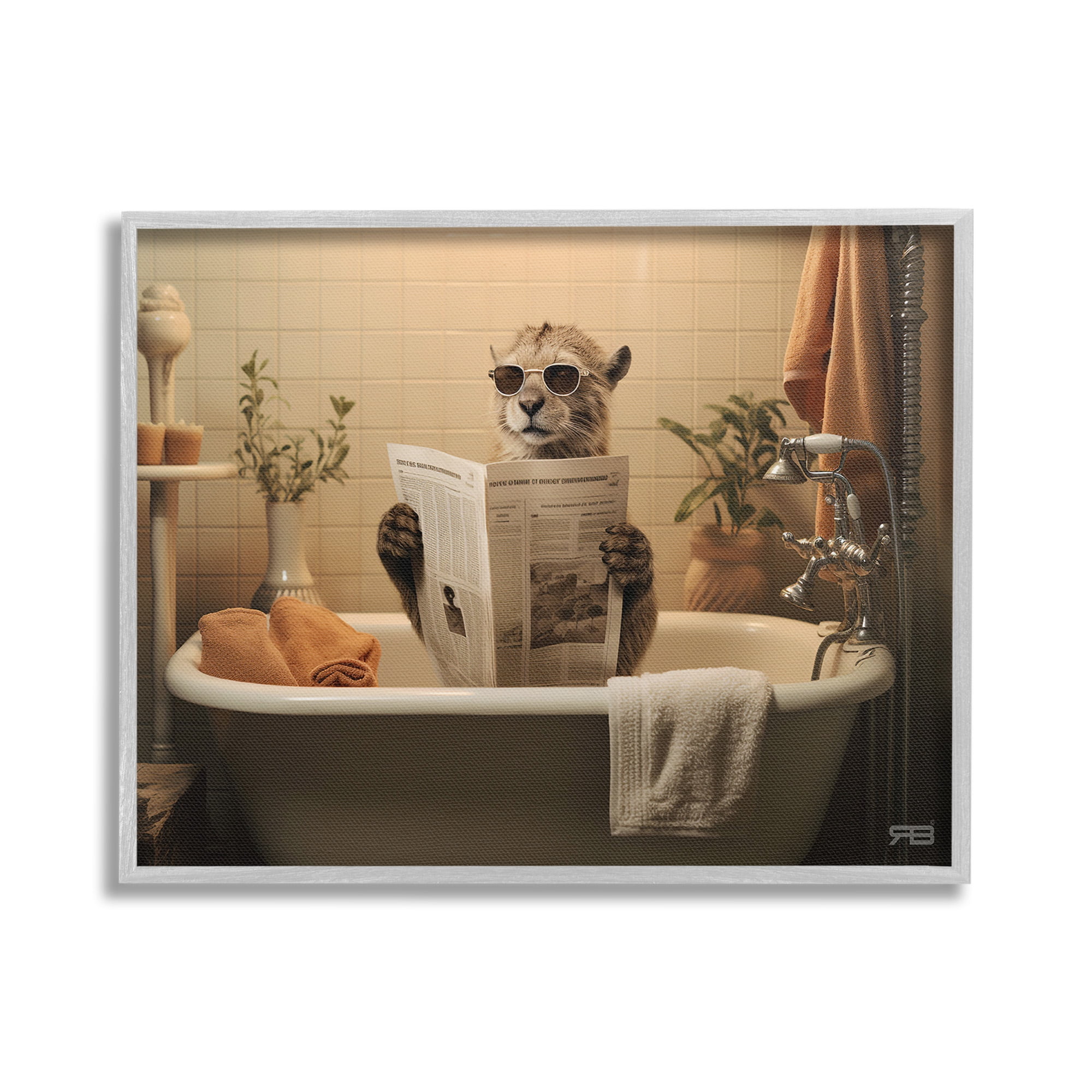 Stupell Industries Wild Cat in Bathtub Animals & Insects Painting Gray Framed Art Print Wall Art, 20 x 16