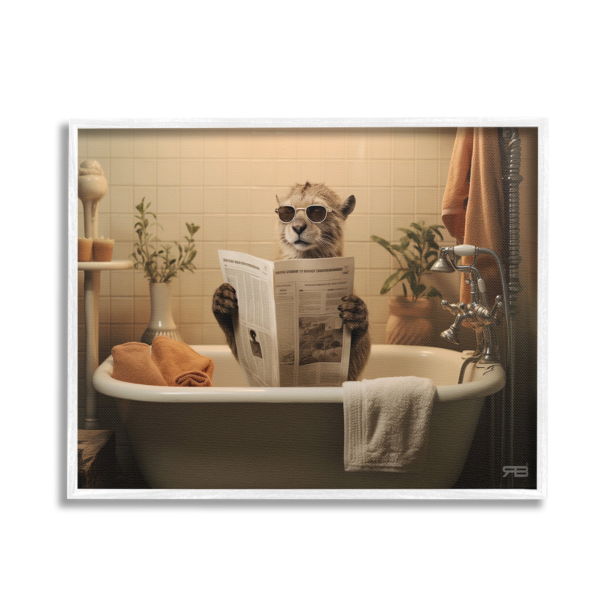Stupell Industries Wild Cat in Bathtub Animals & Insects Painting White Framed Art Print Wall Art, 30 x 24